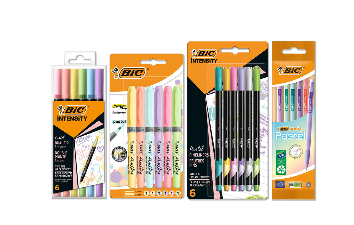Bic Pastel Stationery Set with Felt Pens, Mechanical Pencils, Highlighters, and Fineliners