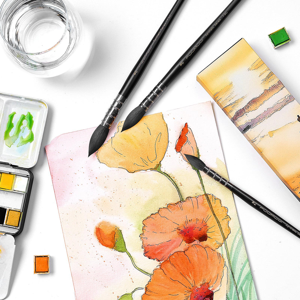 Watercolor Brushes Set, 3Pcs Fuumuui Round Quill Mop Fine Tips Watercolor Paint Brush, Soft