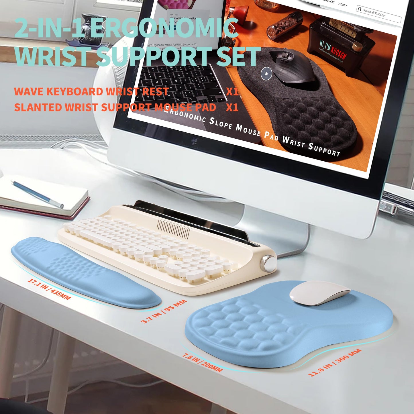 KUOSGM 2-in-1 Ergonomic Set, Wave Rise Keyboard Wrist Rest and Massage Bulge Slope Mouse Pad Wrist