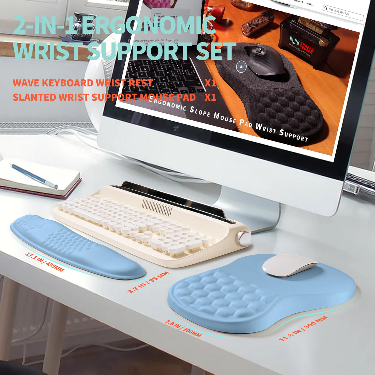 KUOSGM 2-in-1 Ergonomic Set, Wave Rise Keyboard Wrist Rest and Massage Bulge Slope Mouse Pad Wrist