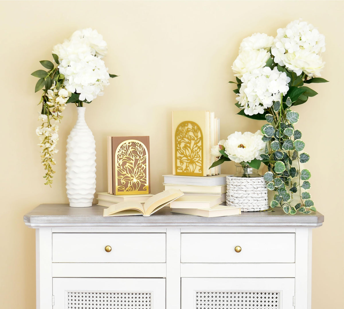 CNK Premium Bookends, Metal Book Stoppers for Heavy Books, Home Office & Decor (Lily Flower Gold)