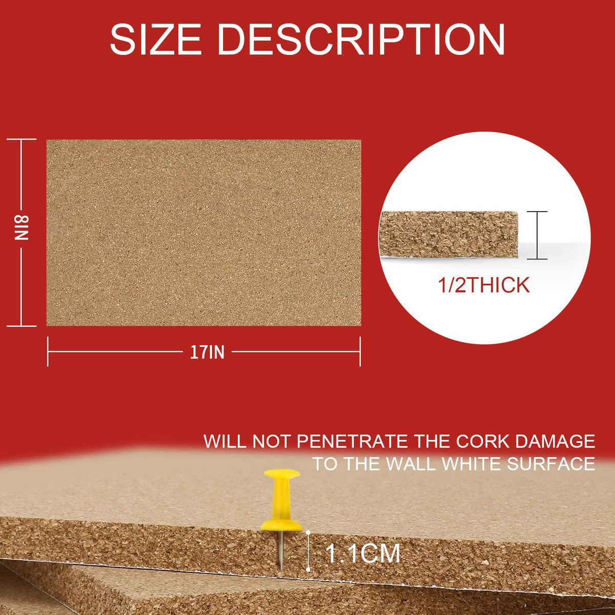 ODOME Cork Board Tiles 17”X 8” – 1/2” Thick Cork Board – Bulletin Board – Pin Board Decoration for