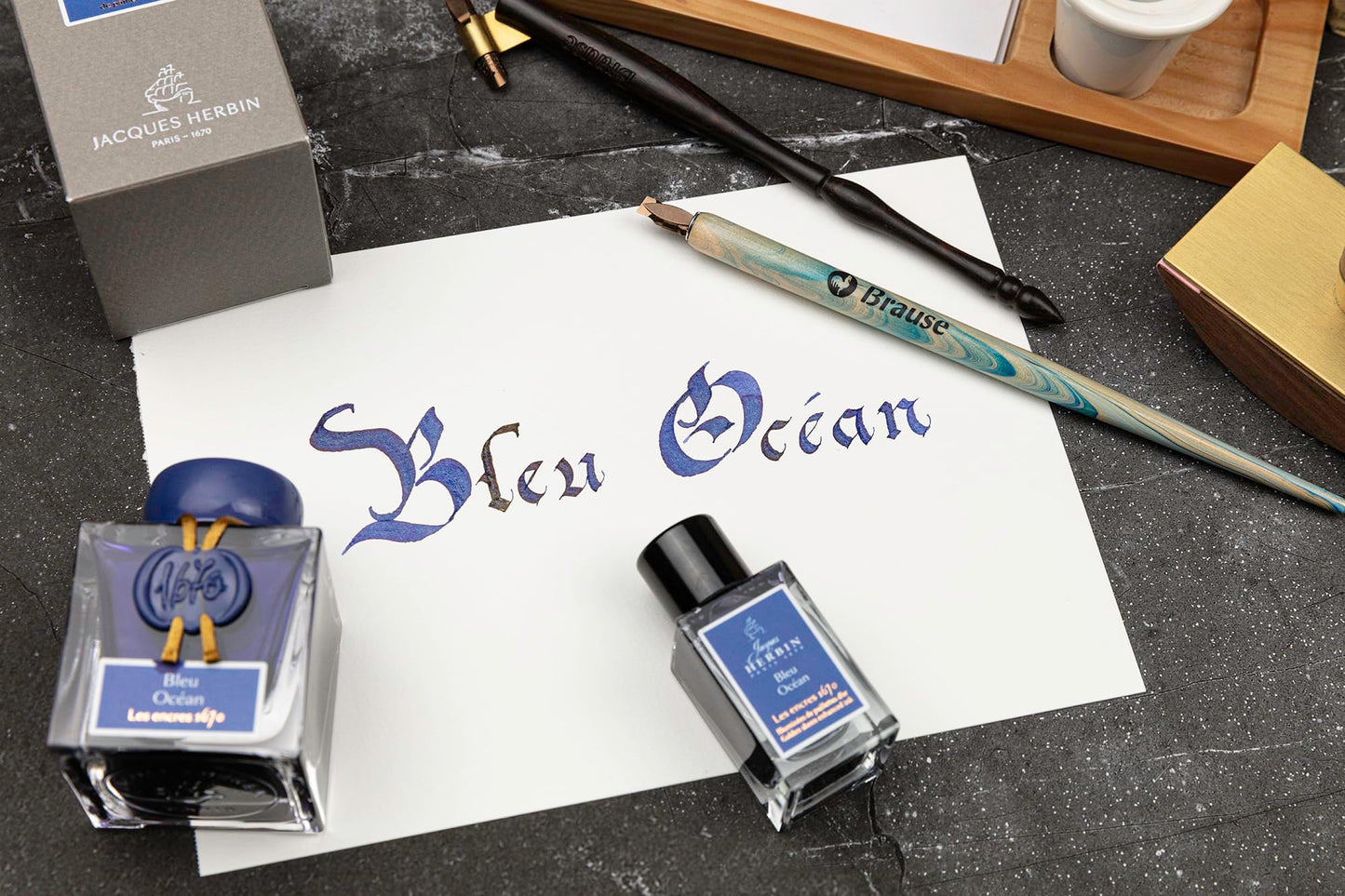 J. Herbin 1670 Anniversary Inks - Gold Sheen 50 ml Bottled - Blue Ocean (Deep Blue Ink)