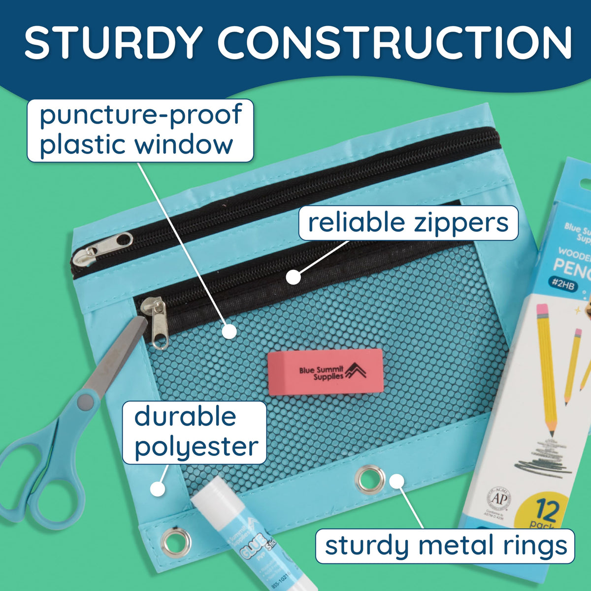 Blue Summit Supplies 30 Pencil Pouches, 3 Ring, Mesh Window, Assorted