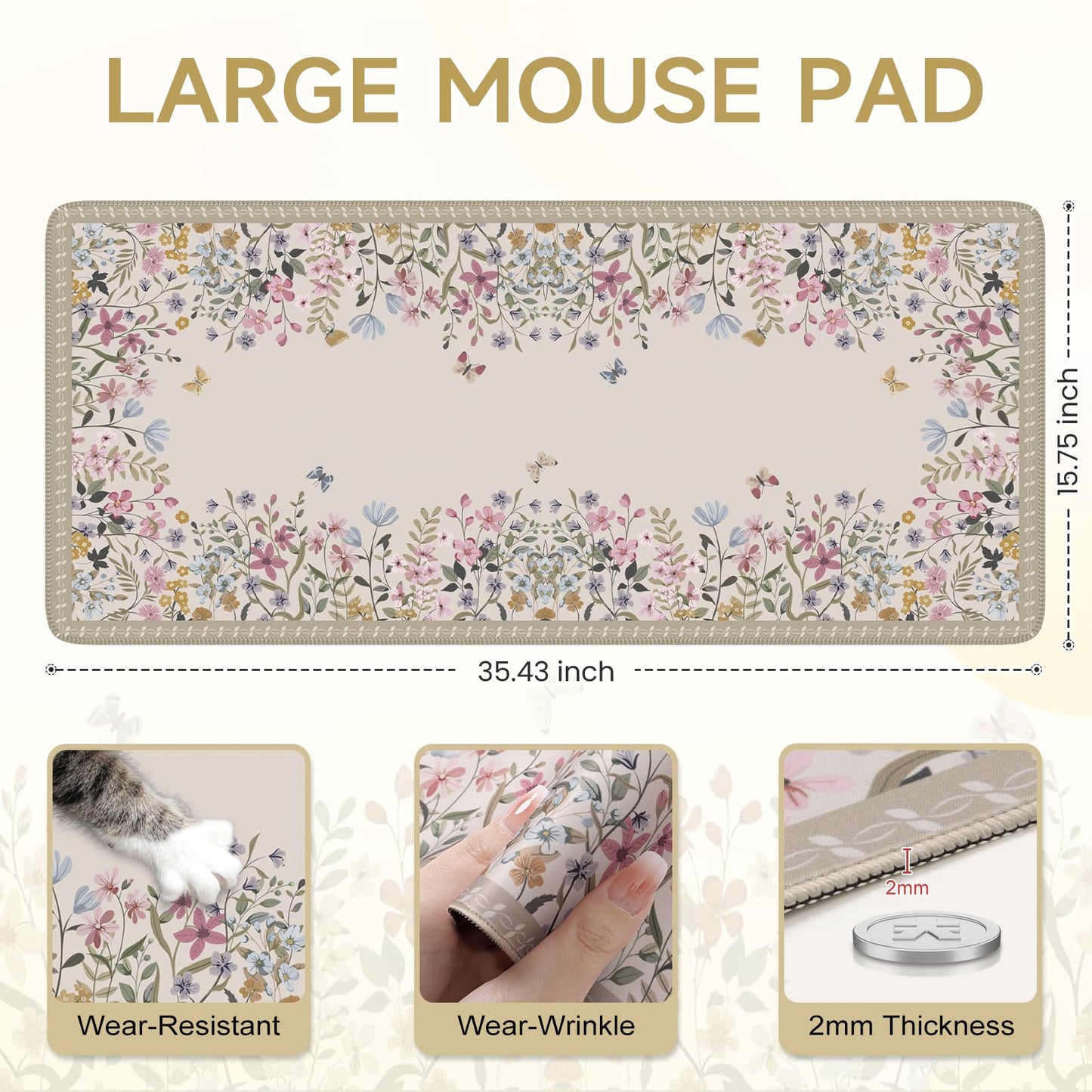 iCasso Floral Desk Mat,Cute Gaming Mouse Pad,Beige