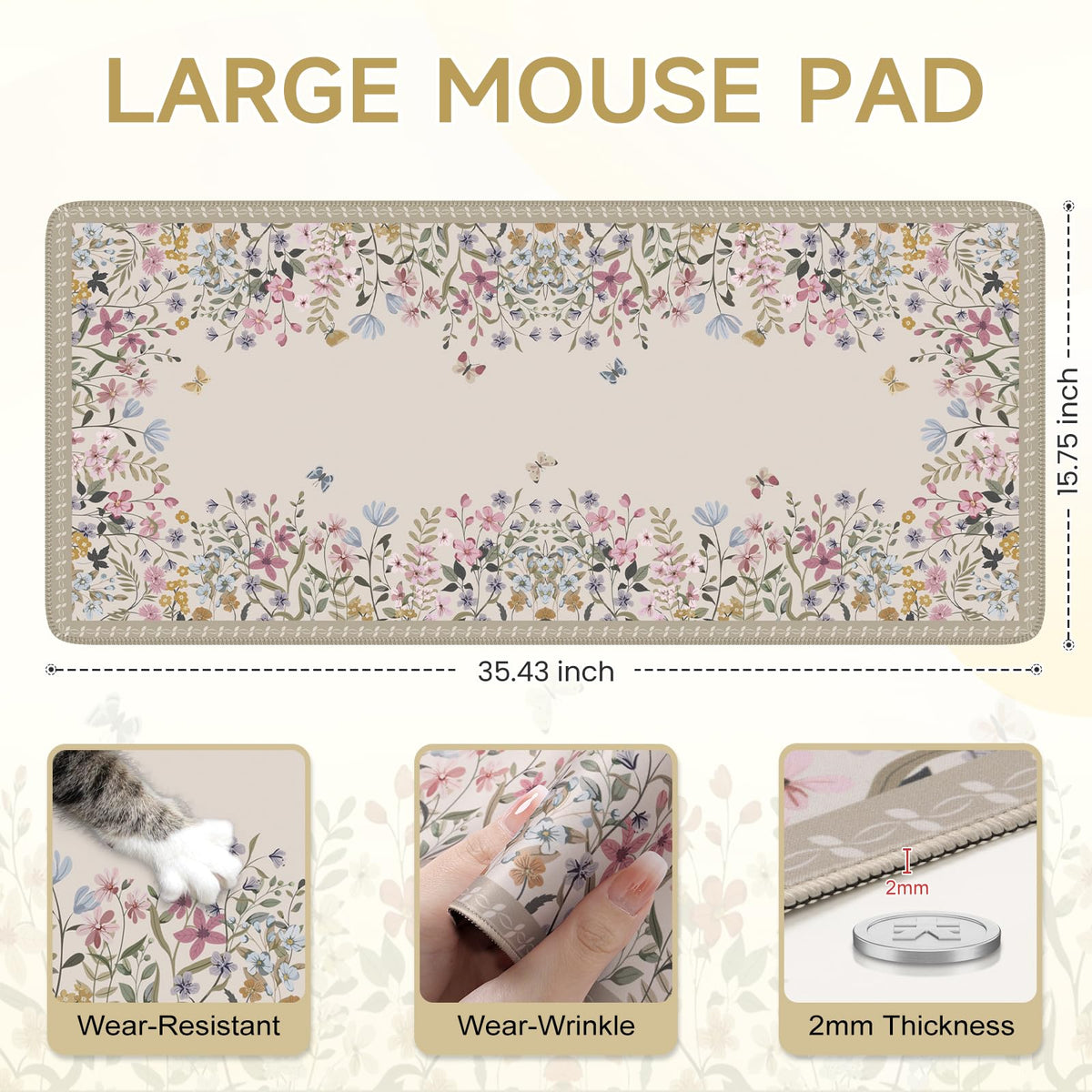 iCasso Floral Desk Mat,Cute Gaming Mouse Pad,Beige