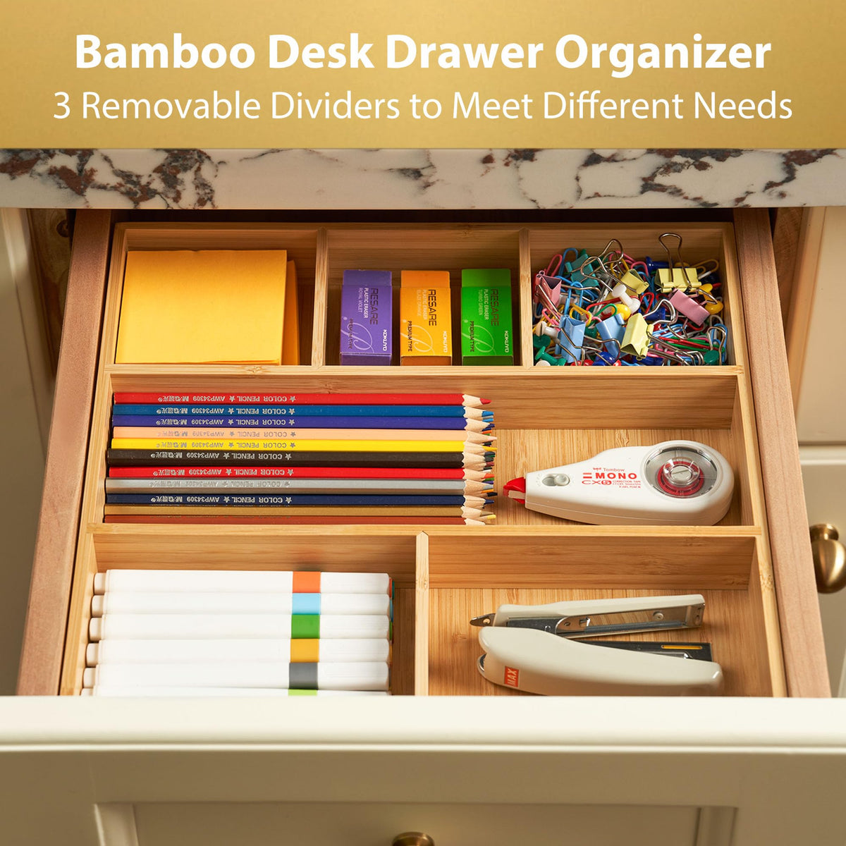 Umilife Bamboo Desk Drawer Organizer, Wood Office Junk Tray, 12"x12"