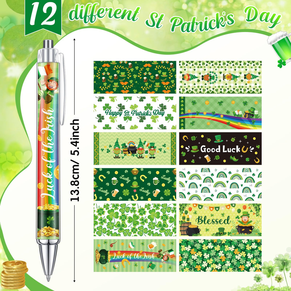 Cholemy 96 Pieces St. Patrick's Day Pens Bulk Lucky Shamrock Ballpoint Pen Retractable Irish Green