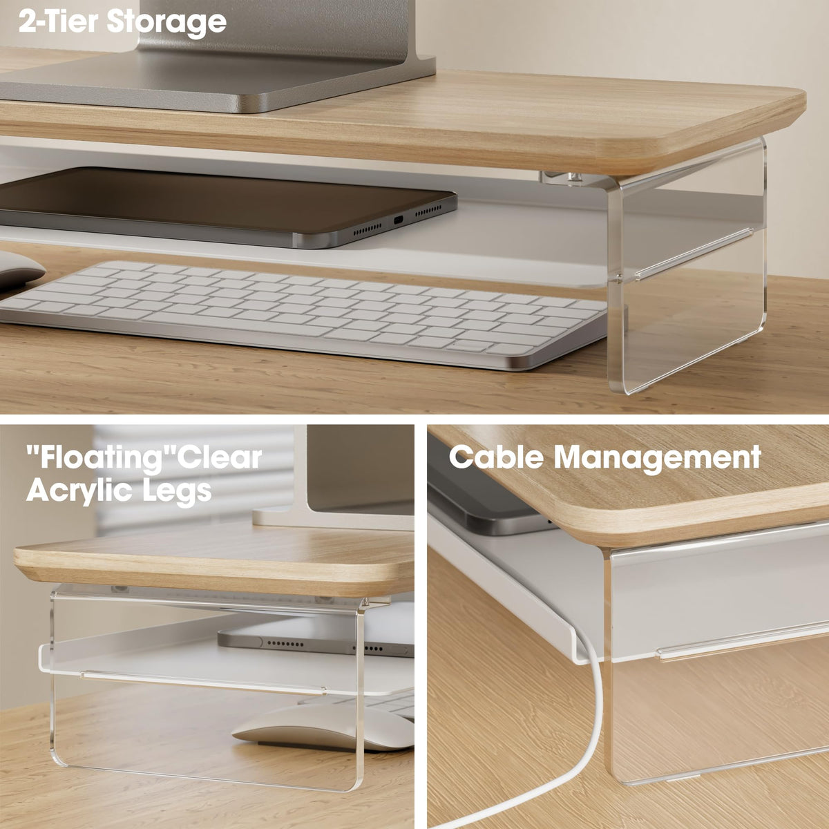 Fenge 23.6" Monitor Stand with Clear Acrylic Legs, Oak