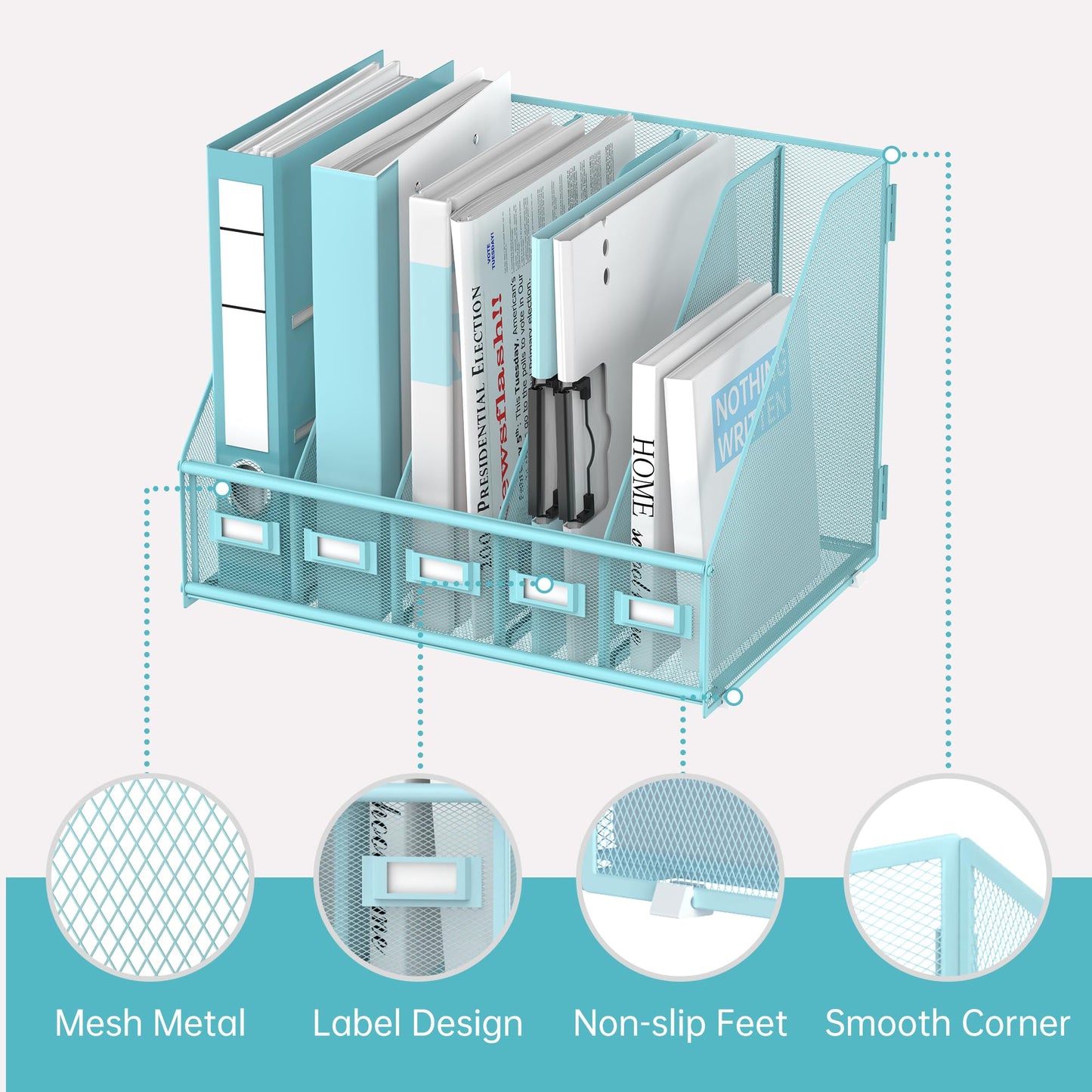 SUPEASY Desk Organizers Metal Desk Magazine File Holder with 5 Vertical Compartments Rack File