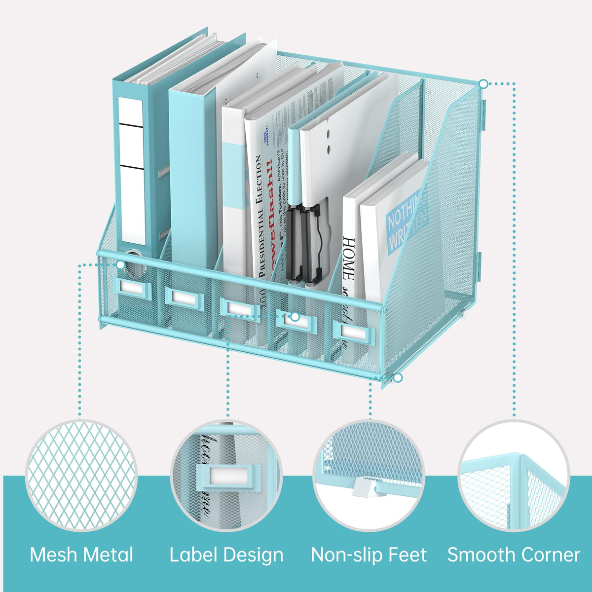 SUPEASY Desk Organizers Metal Desk Magazine File Holder with 5 Vertical Compartments Rack File