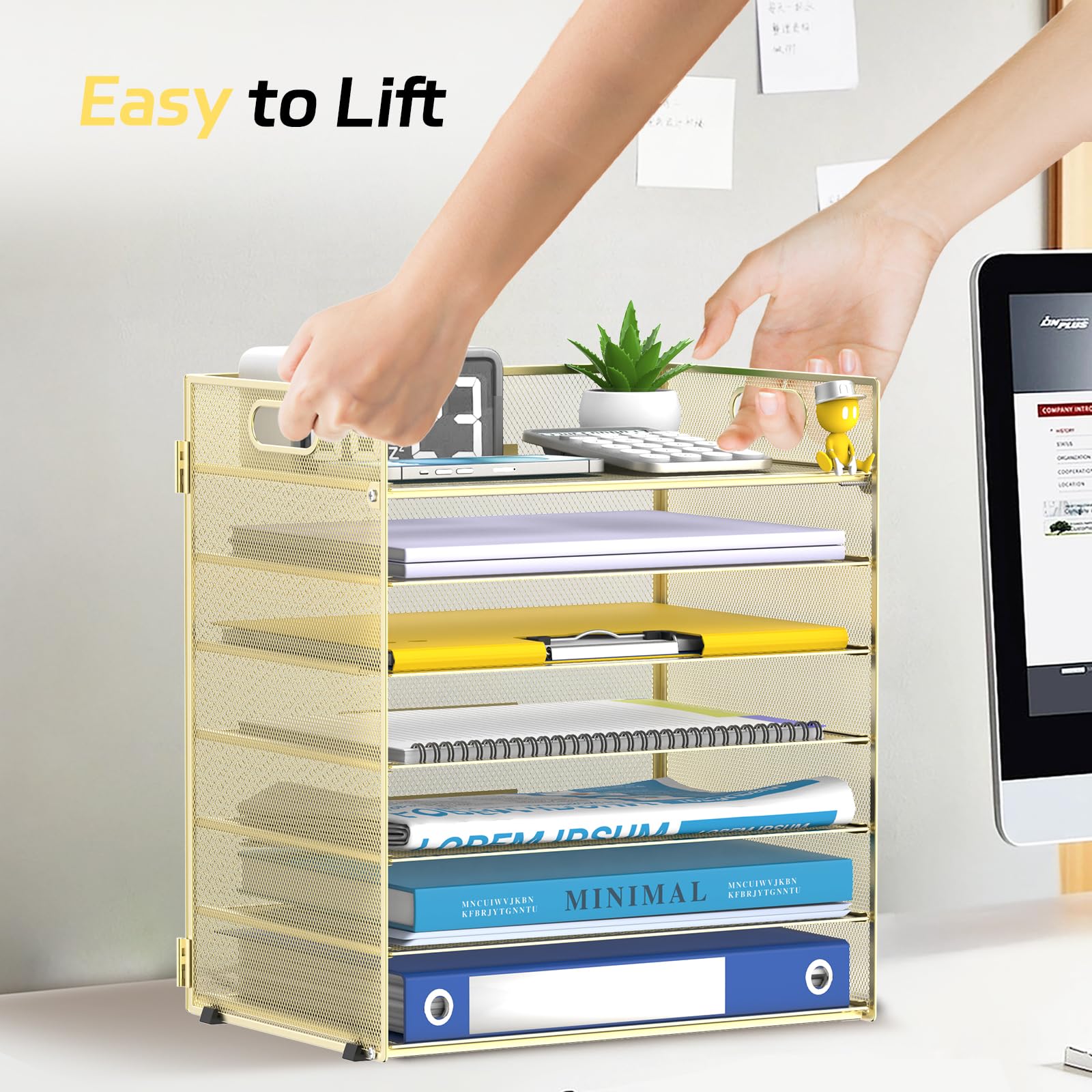7 Tier Paper Organizer for Desk with Mesh Letter Trays and Handle Gold