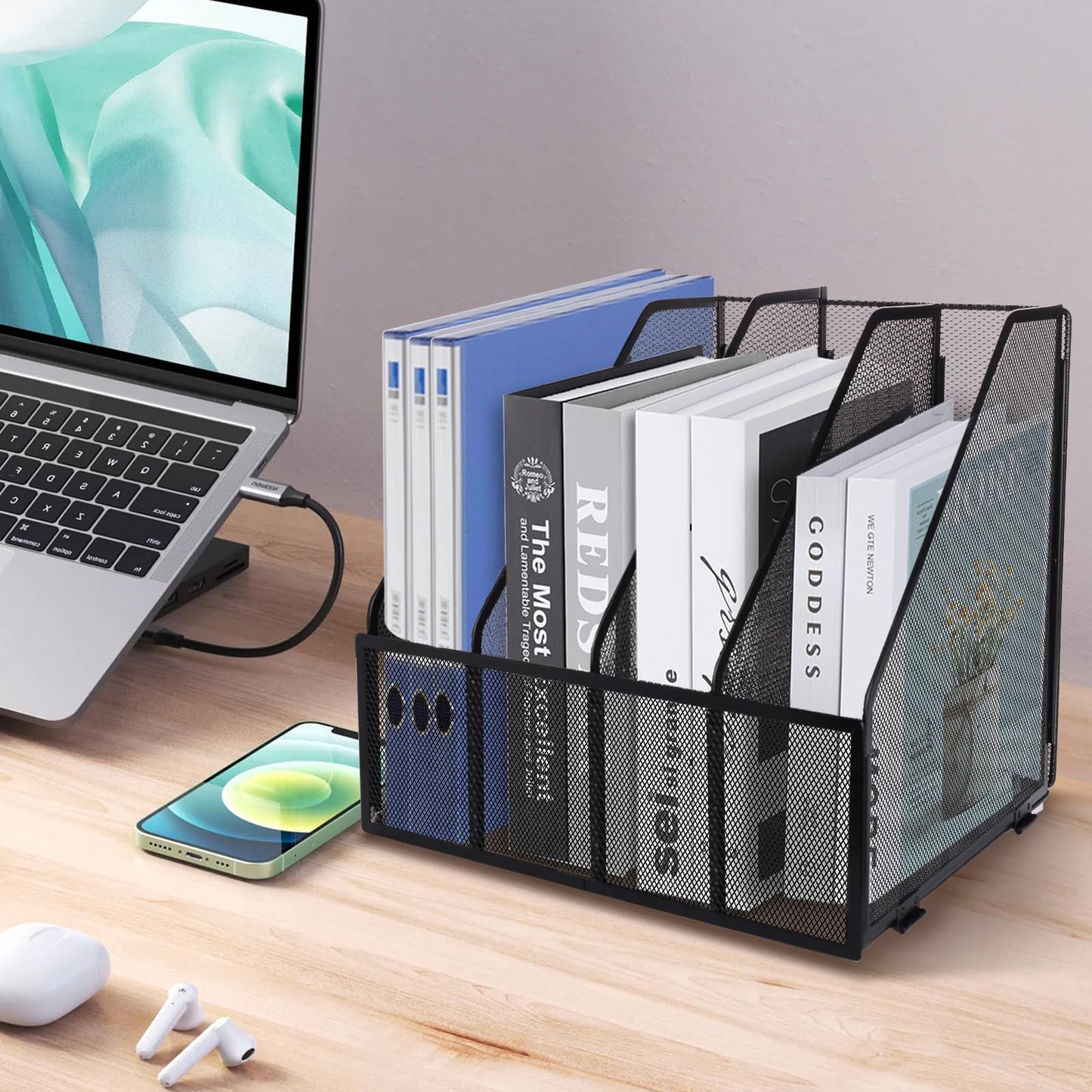 HMXLJJY Mesh Metal A4 Magazine File Holder, Desktop 4 Sections Document Holder Office File Storage
