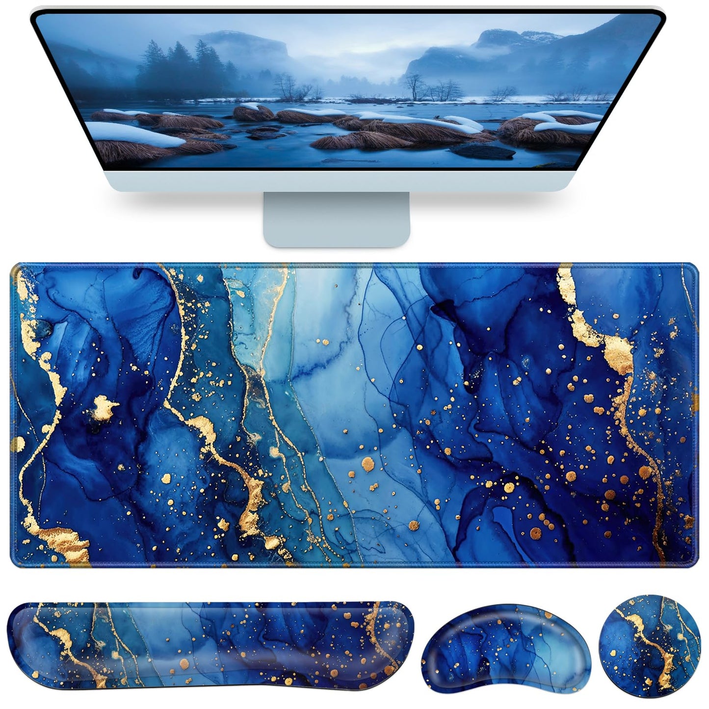 Desk Mat Blue, Large Gaming Mouse Pad with Wrist Rest, 4in1 XXL
