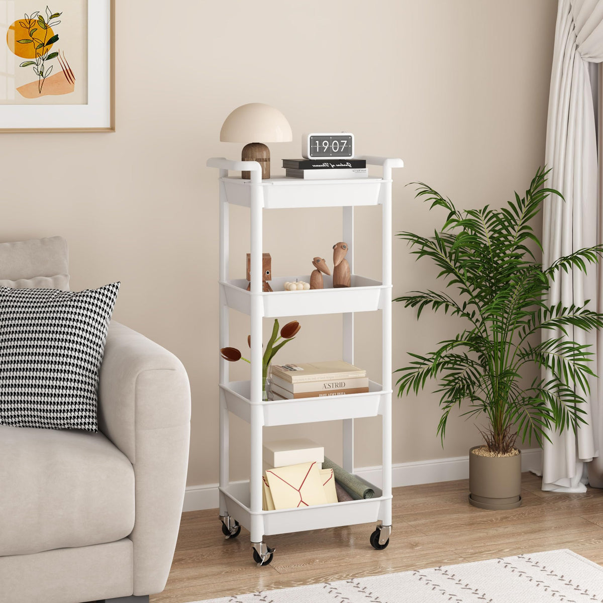MIOCASA Utility Rolling Cart with Detachable Tray Top, 4-Tier Kitchen Storage Organization, Art
