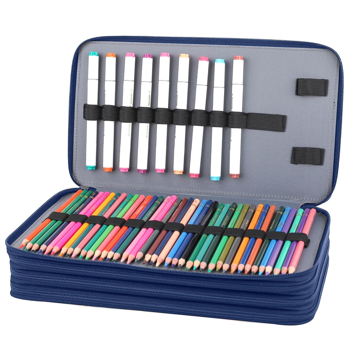 Vomgomfom 300 Slots Marker Case 4-Layer PU Leather, Handle, Blue Rose