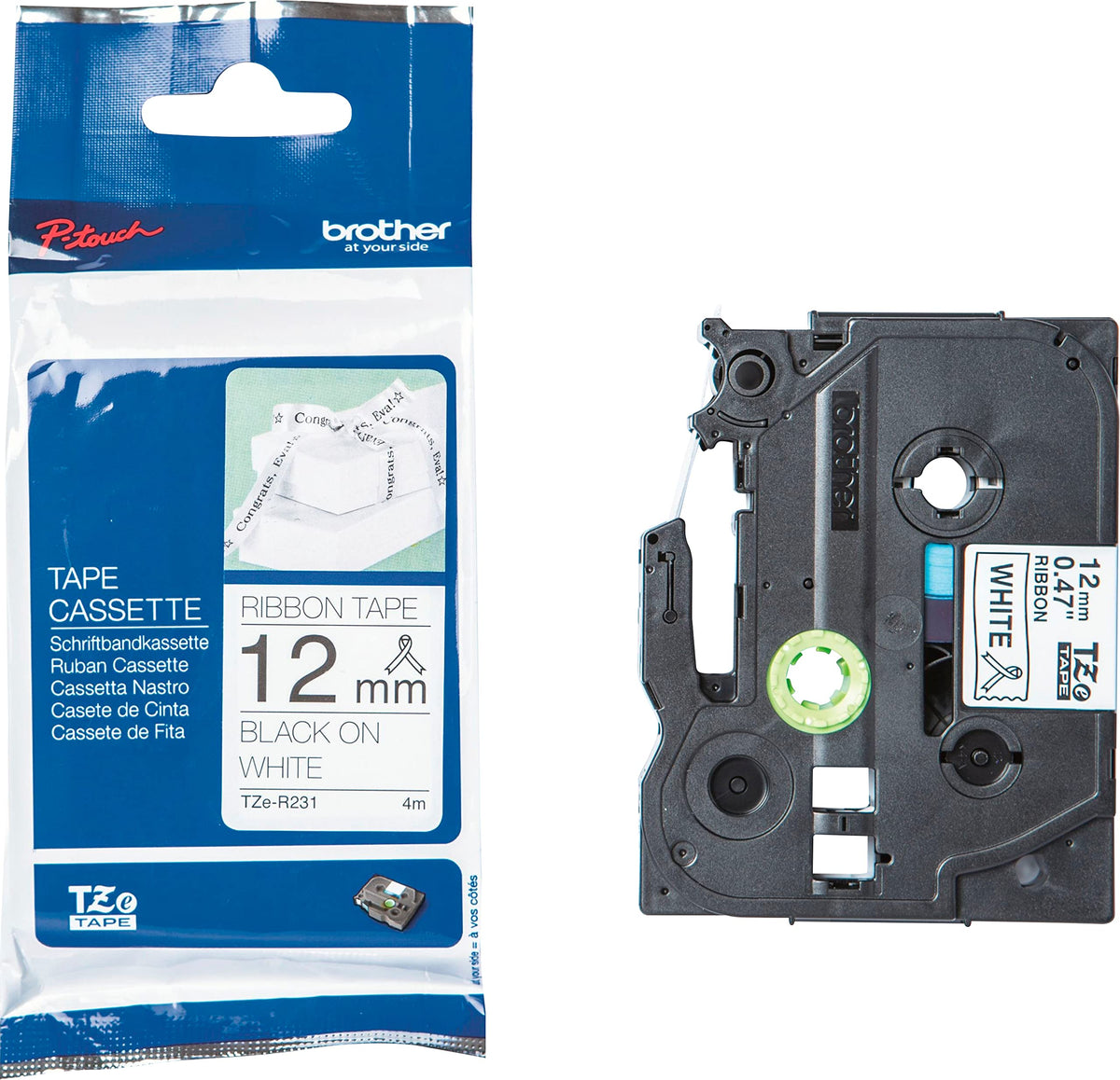 Brother TZe-R231 Labelling Tape Cassette, Black on White, 12mm (W) x 4M (L), Ribbon Tape, Brother