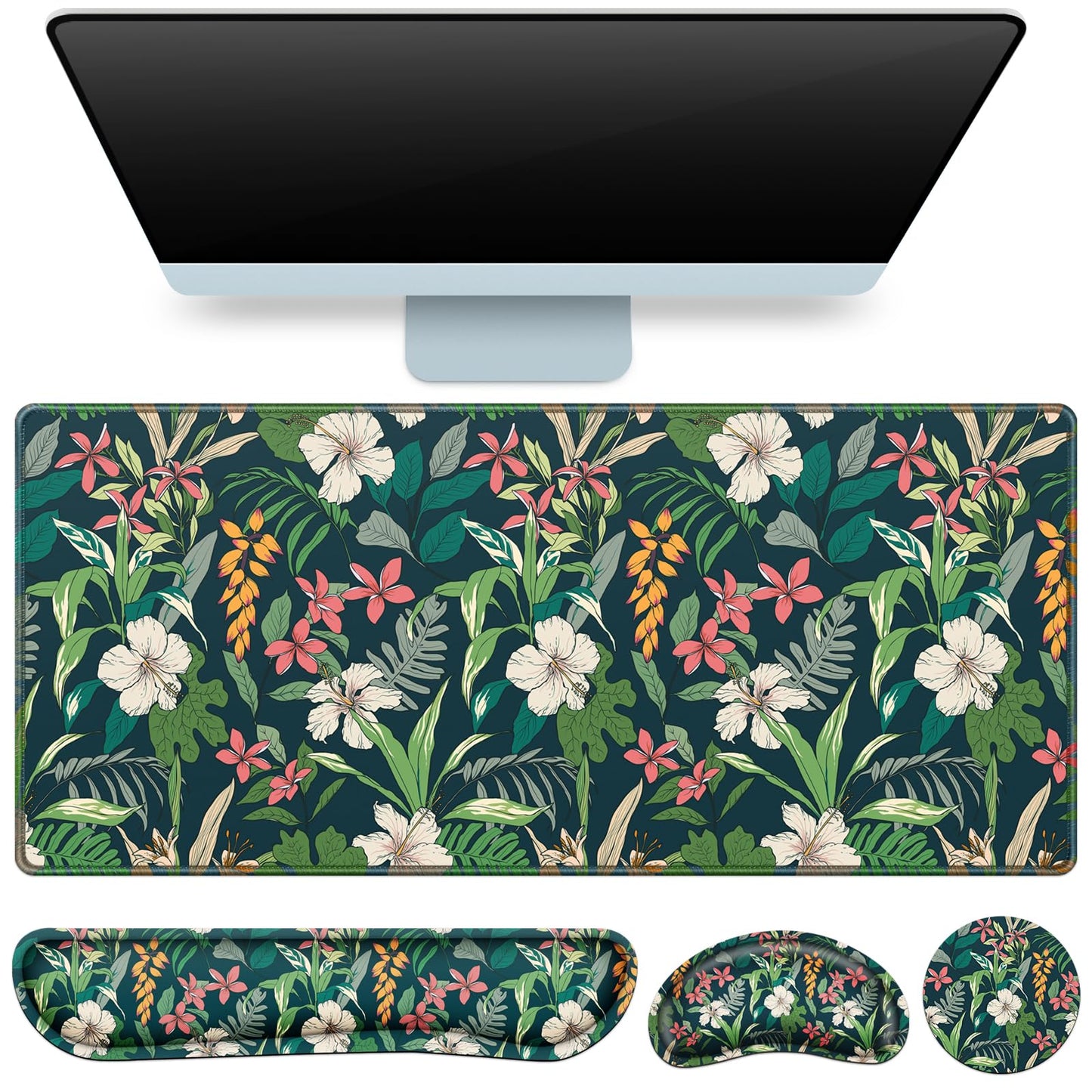 Desk Mat Floral, Large Gaming Mouse Pad with Wrist Rest, 4in1 XXL