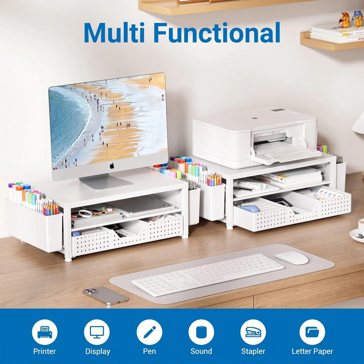 OPNICE Desk Organizers and Accessories, Computer Monitor Stand Riser with Drawer and 2 Pen Holders