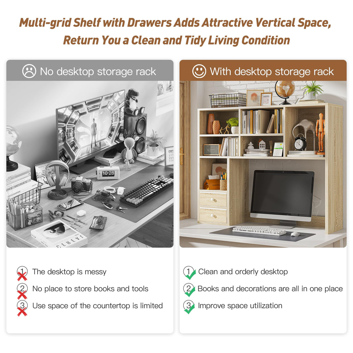 REIBII Desktop Bookshelf, 8 Shelves Desk Hutch for Dorm Room, Natural