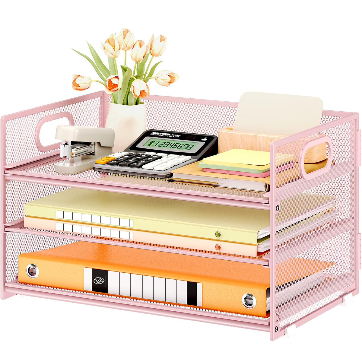 Subekyu 3 Tier Paper Letter Tray Organizer for Desk, Pink Metal Mesh File Folder Sorter Organizer