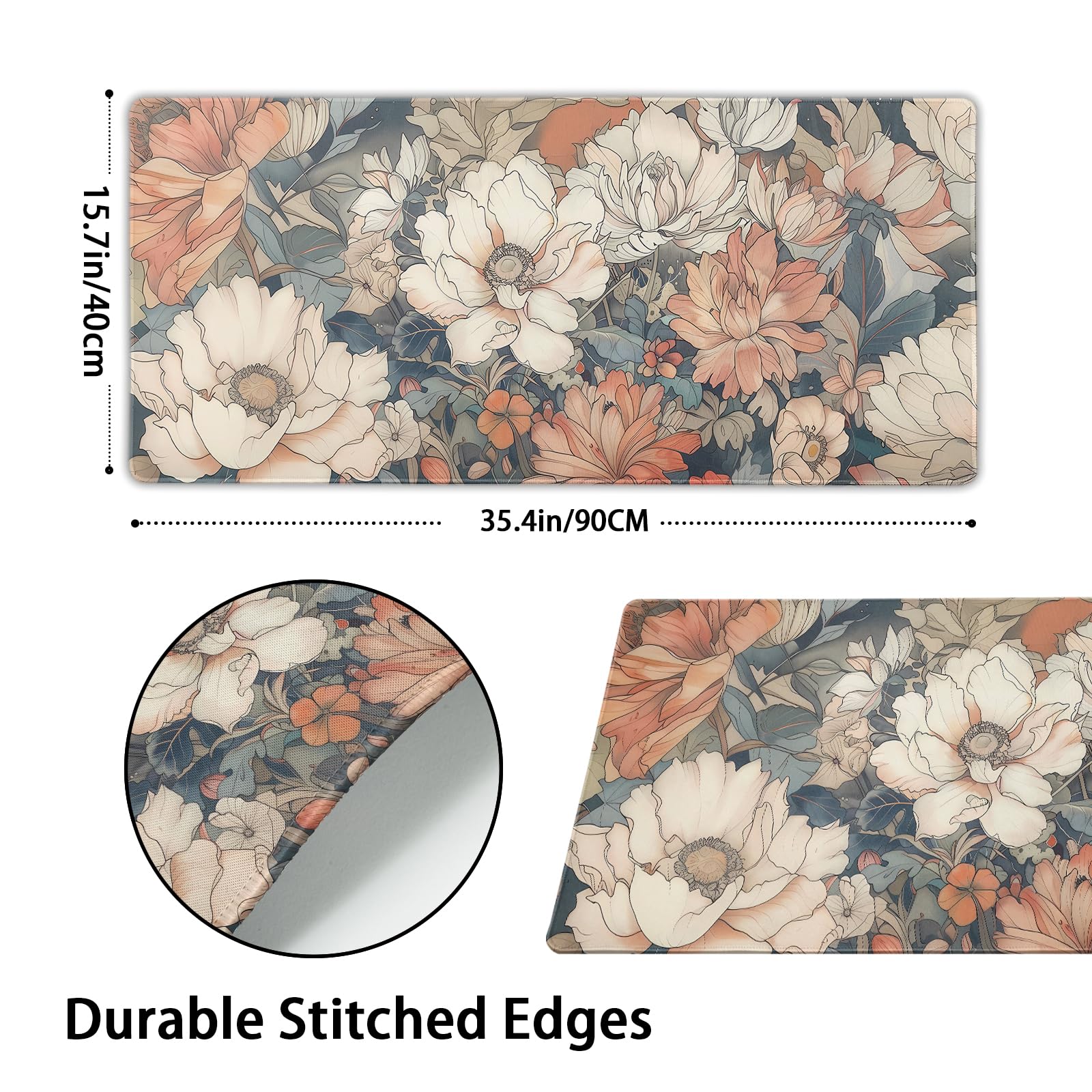 Japanese Floral Mouse Pad XXL 35.4 X 15.7 Inch Minimalist Aesthetic Art White Coral Pink Flower