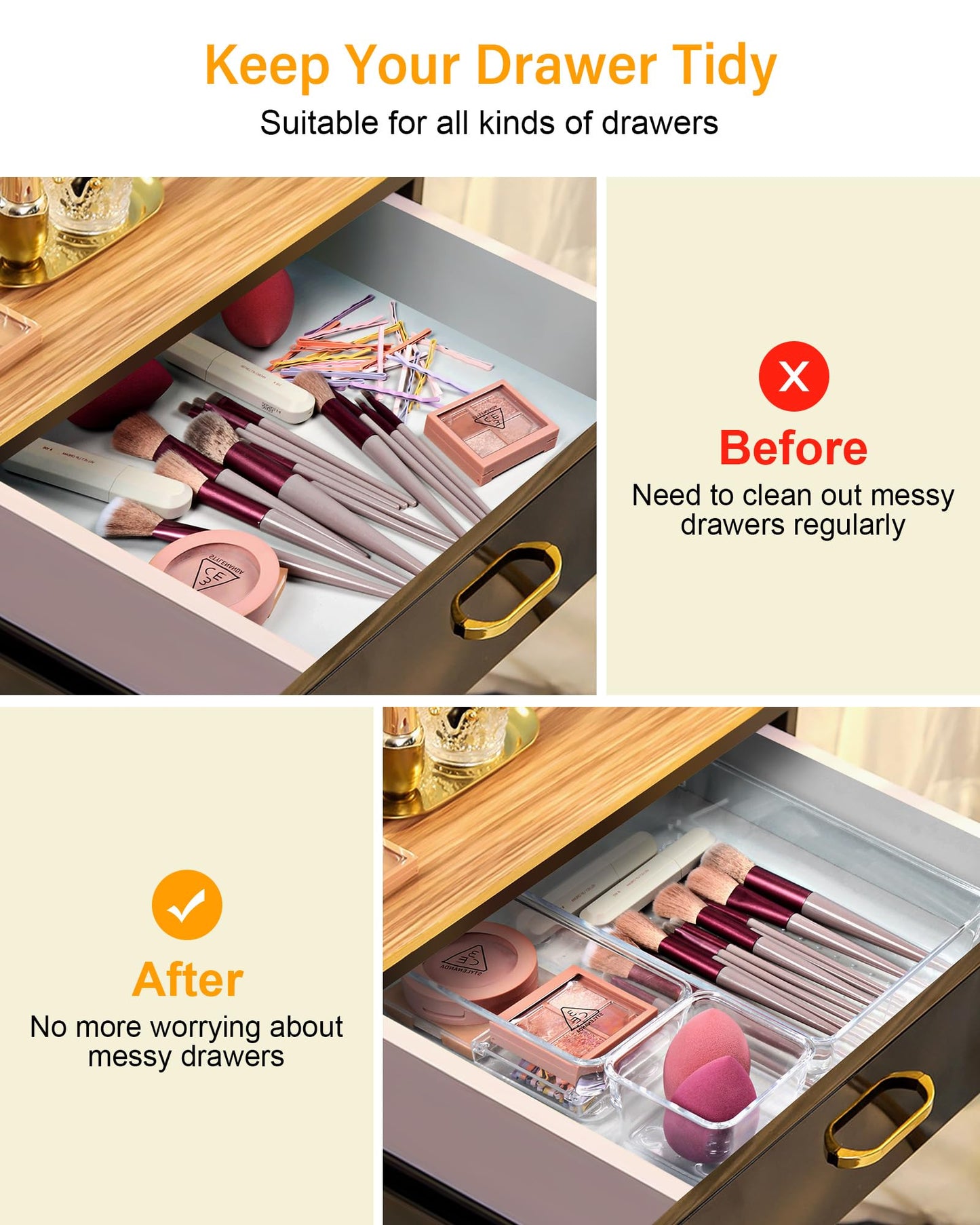 LUSCREAL 25 PCS Clear Plastic Drawer Organizers and Dividers, 4 Sizes Stackable Drawer Storage Bins