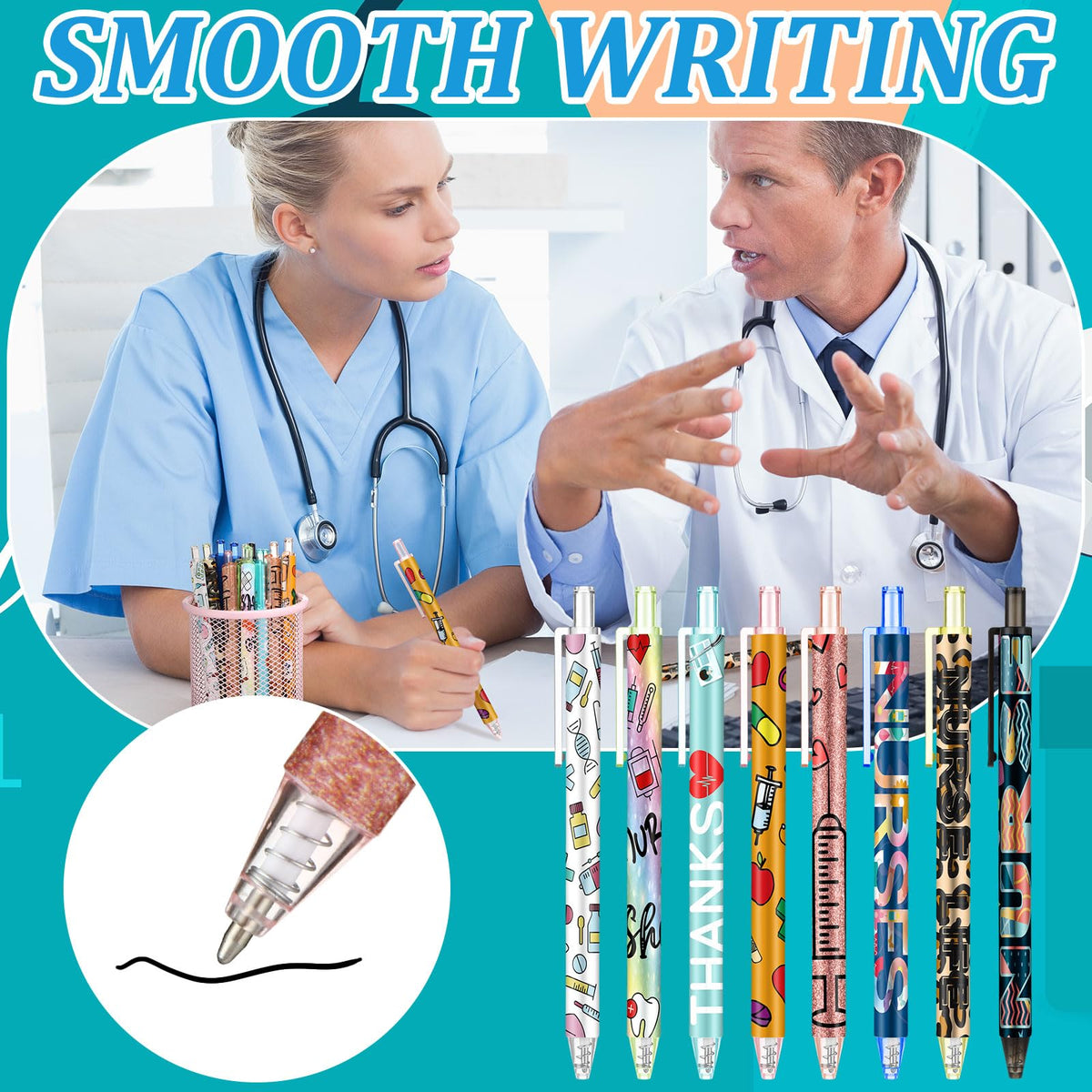 Leinuosen 72 PCS Funny Nurse Pens Bulk Cute Cartoon Nursing Retractable Pen Appreciation Gift Pens