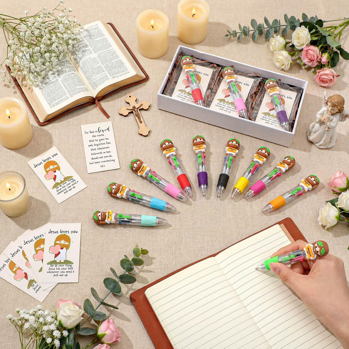Sayglossy 30 Sets Little Jesus Pens Bulk, 4-in-1 Christian Pens with Cards