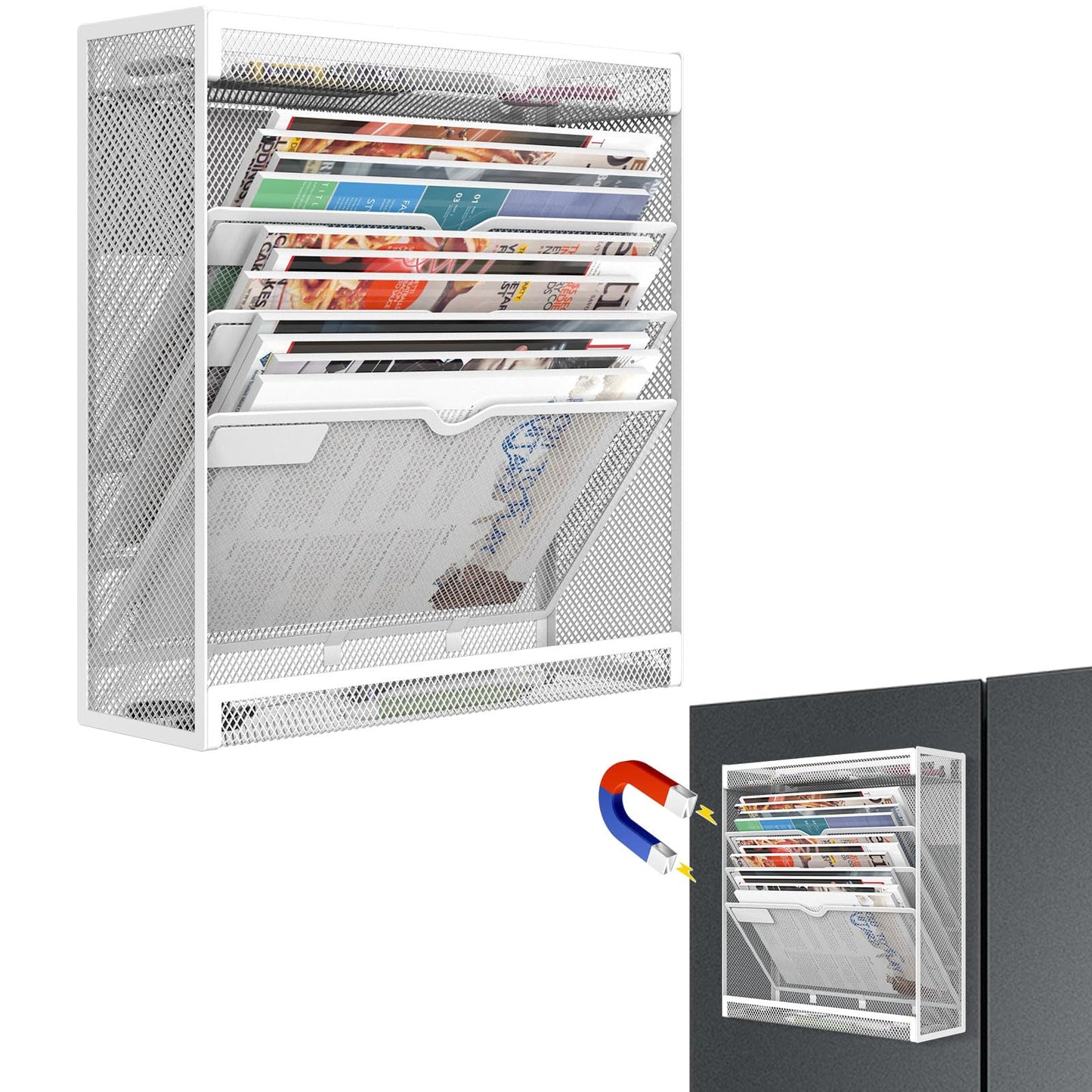 5 Tier Magnetic File Holder, No Drilling Wall File Organizer, Magazine Paper Mail Document
