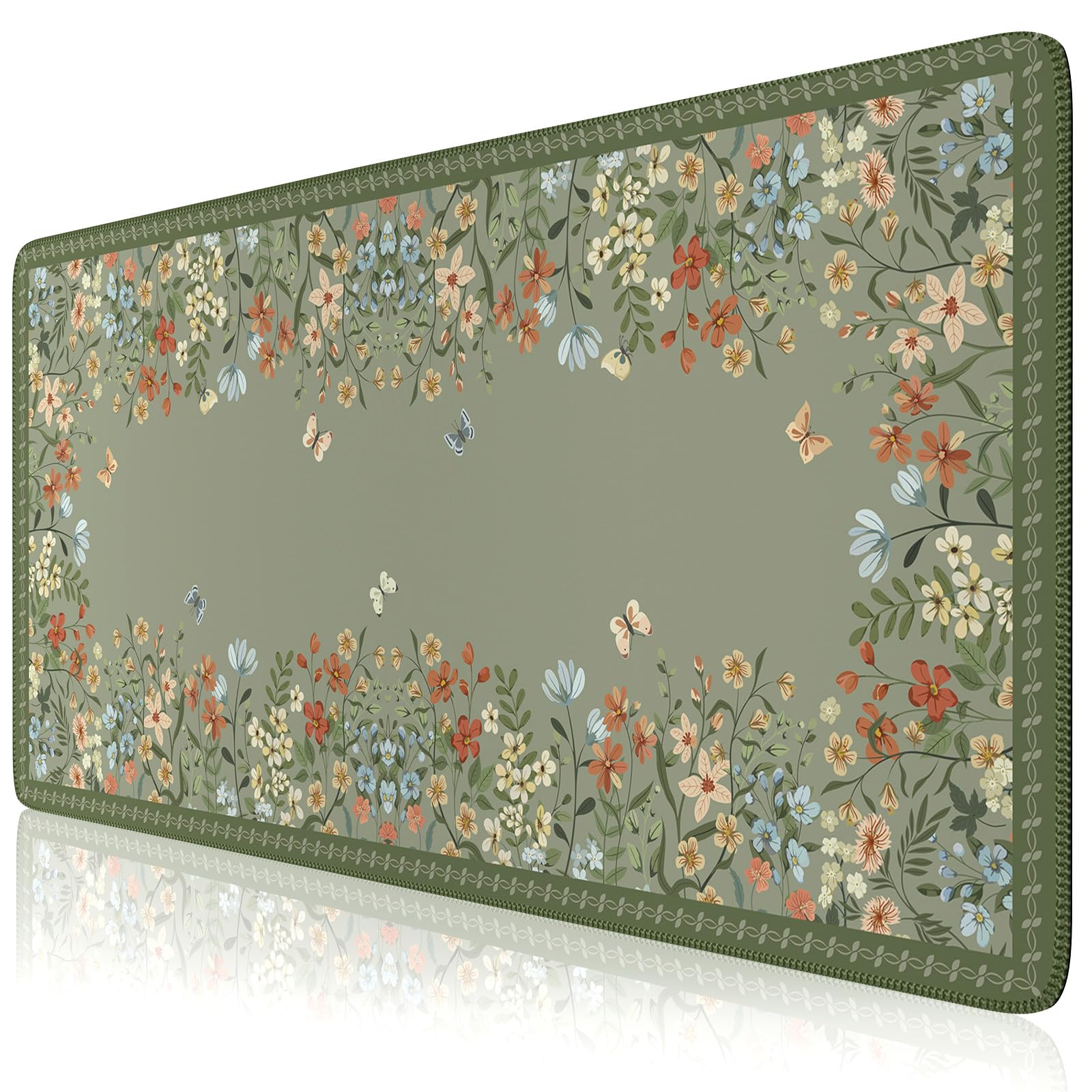 HAOCOO Dark Green Floral Desk Mat, XL Mouse Pad for Keyboard, Non-Slip Base