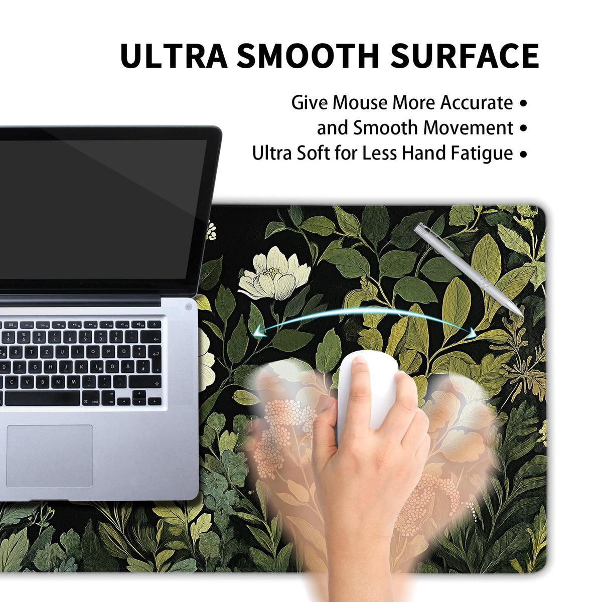 Green Leaves Mouse Pad XL Botanical Plants Beige Floral Extended Table Mat 80X30 cm Non-Slip Rubber
