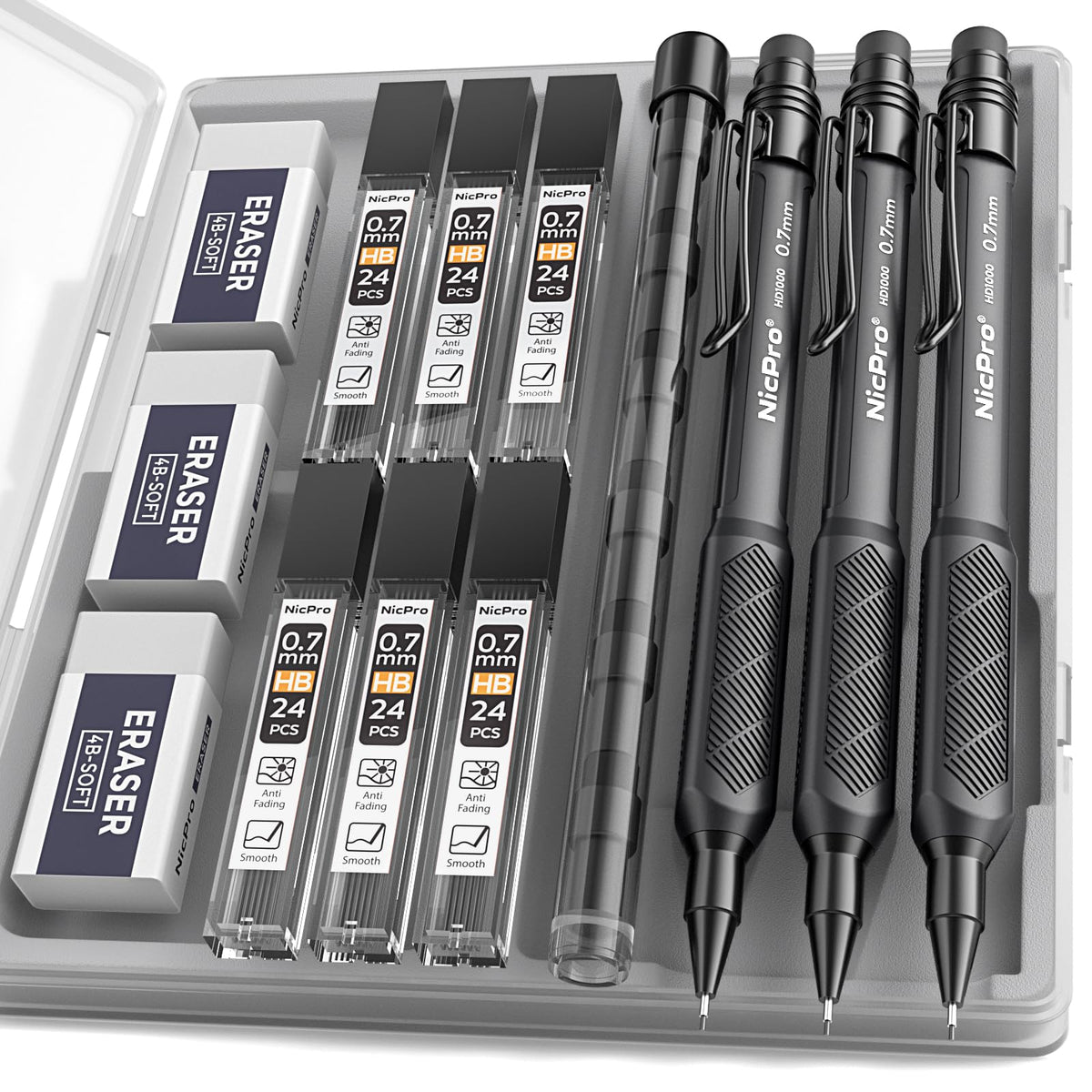 Nicpro 0.7 mm Mechanical Pencil Set with Case, 3PCS Mechanical Pencils 0.7