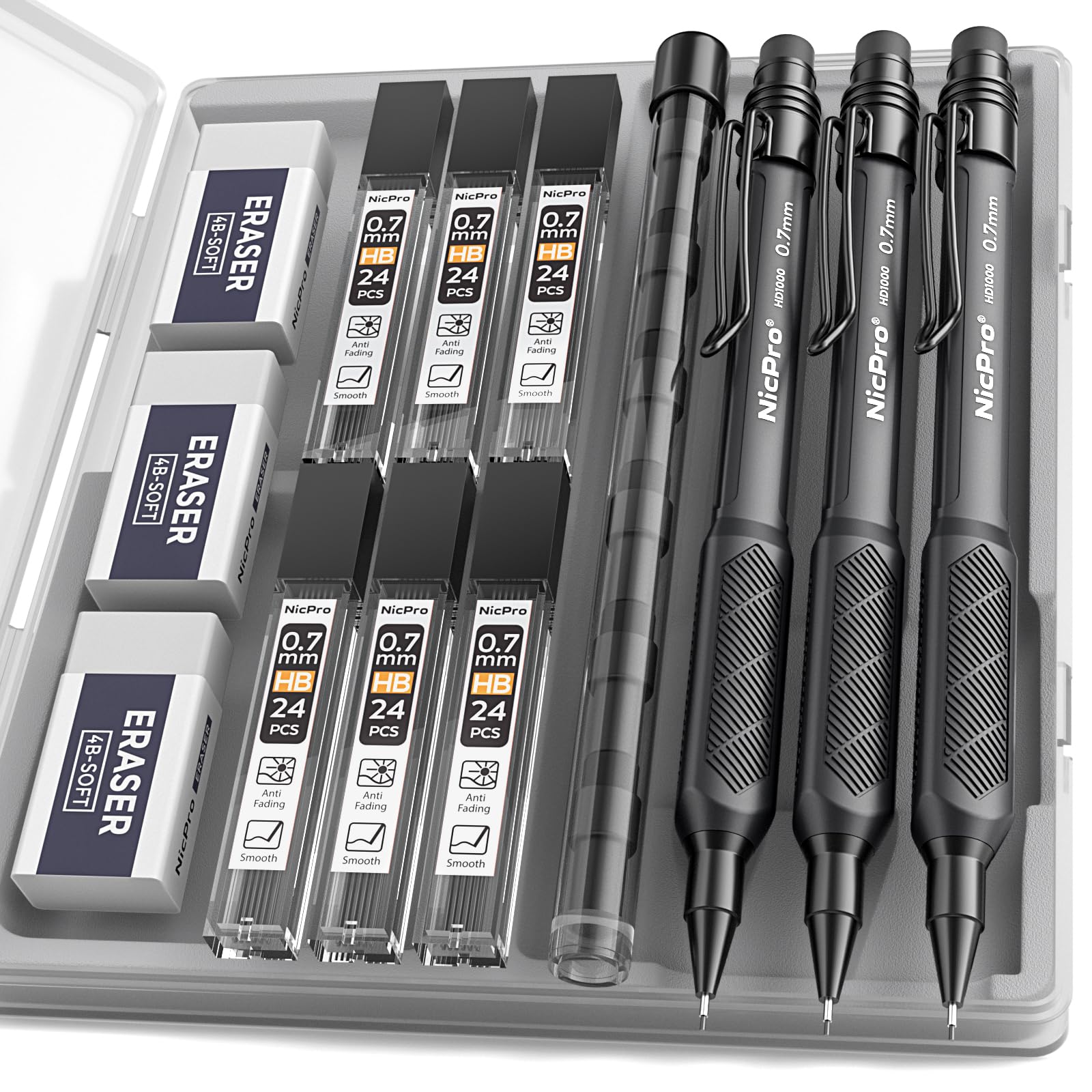 Nicpro 0.7 mm Mechanical Pencil Set with Case, 3PCS Mechanical Pencils 0.7
