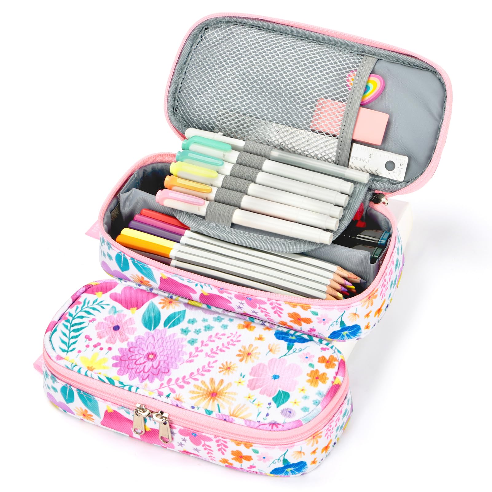 mibasies Girls Pencil Case for Kids, Multi-Slot Pencil Pouch, Flower Pink White