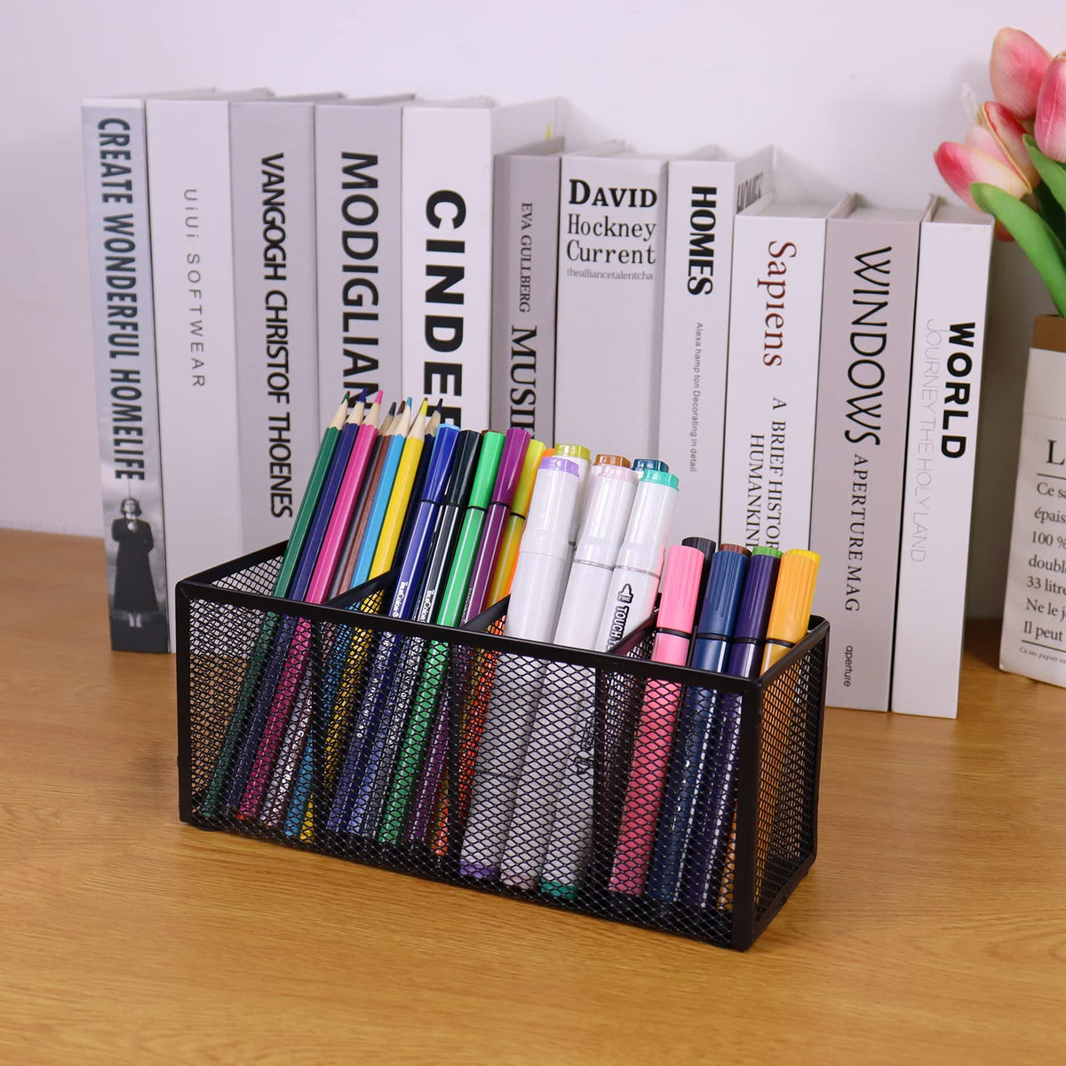 Flytreal 2PCS Black Mesh Pen Pencil Holder, Metal Desk Organizer Desktop Stationery Office Supplies