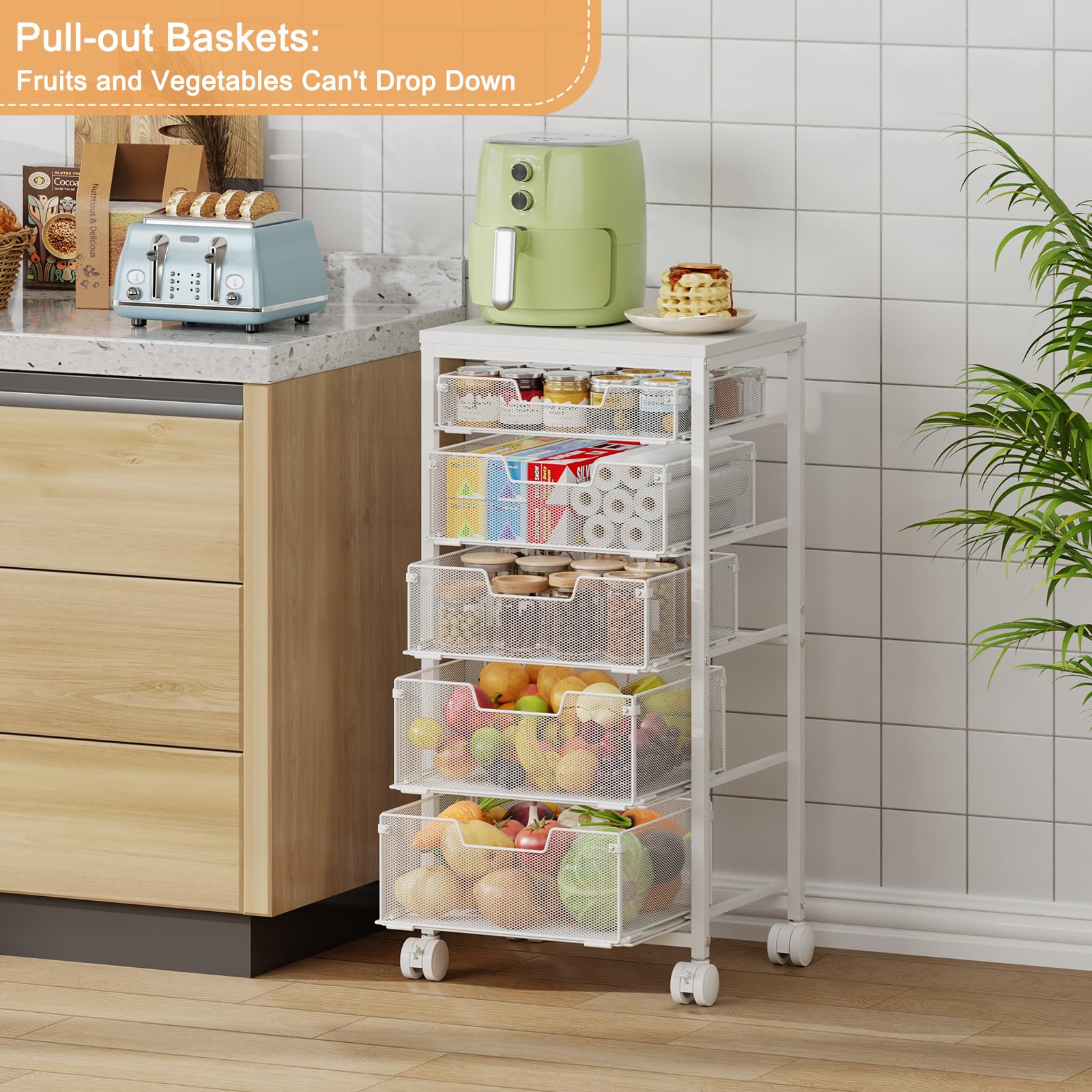Kitchen Storage Cart with Wheels, 5-Tier Fruit Vegetable Storage Cart, Kitchen Organizer and