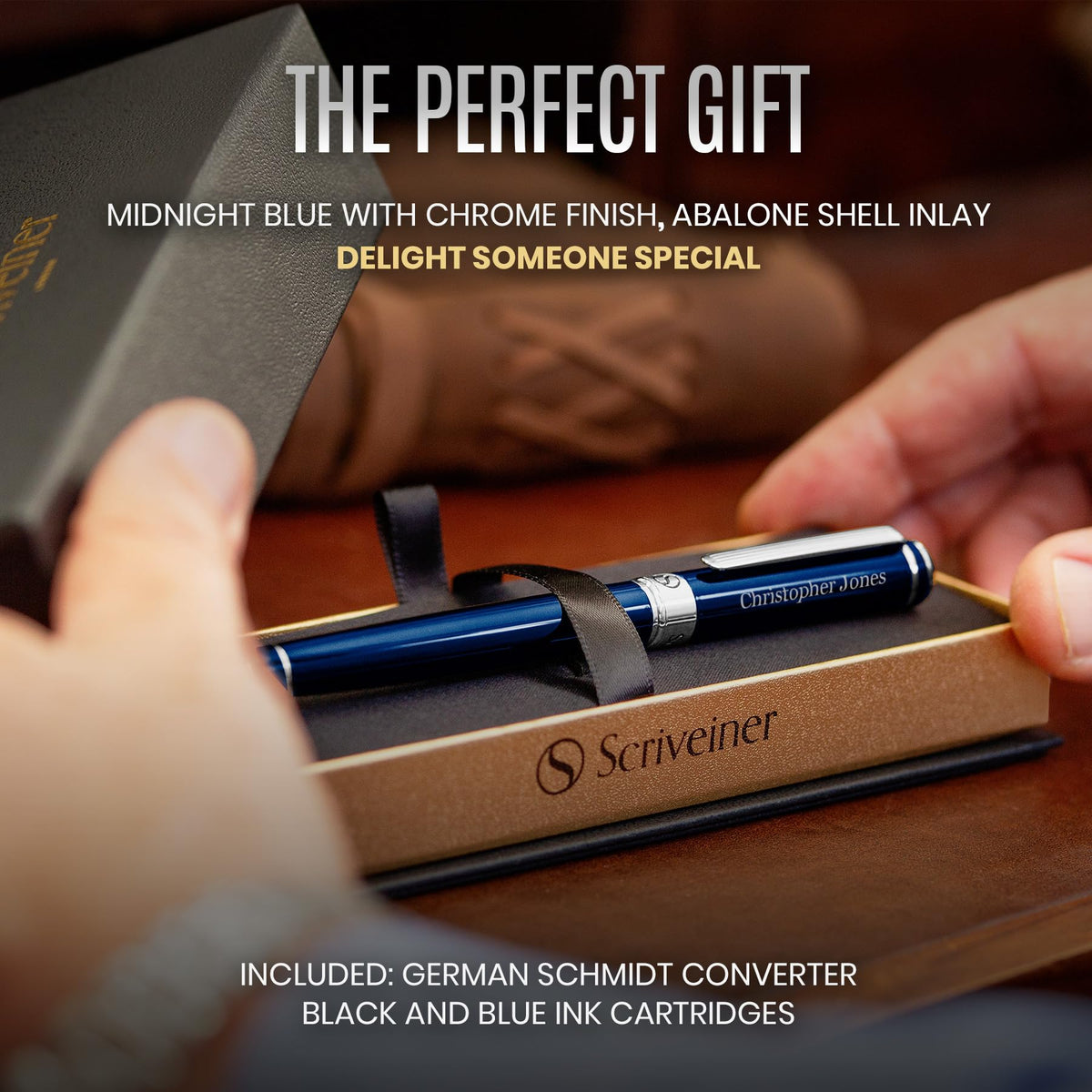 Scriveiner Personalized Midnight Blue Fountain Pen - Stunning Blue Lacquer Luxury Pen, Chrome