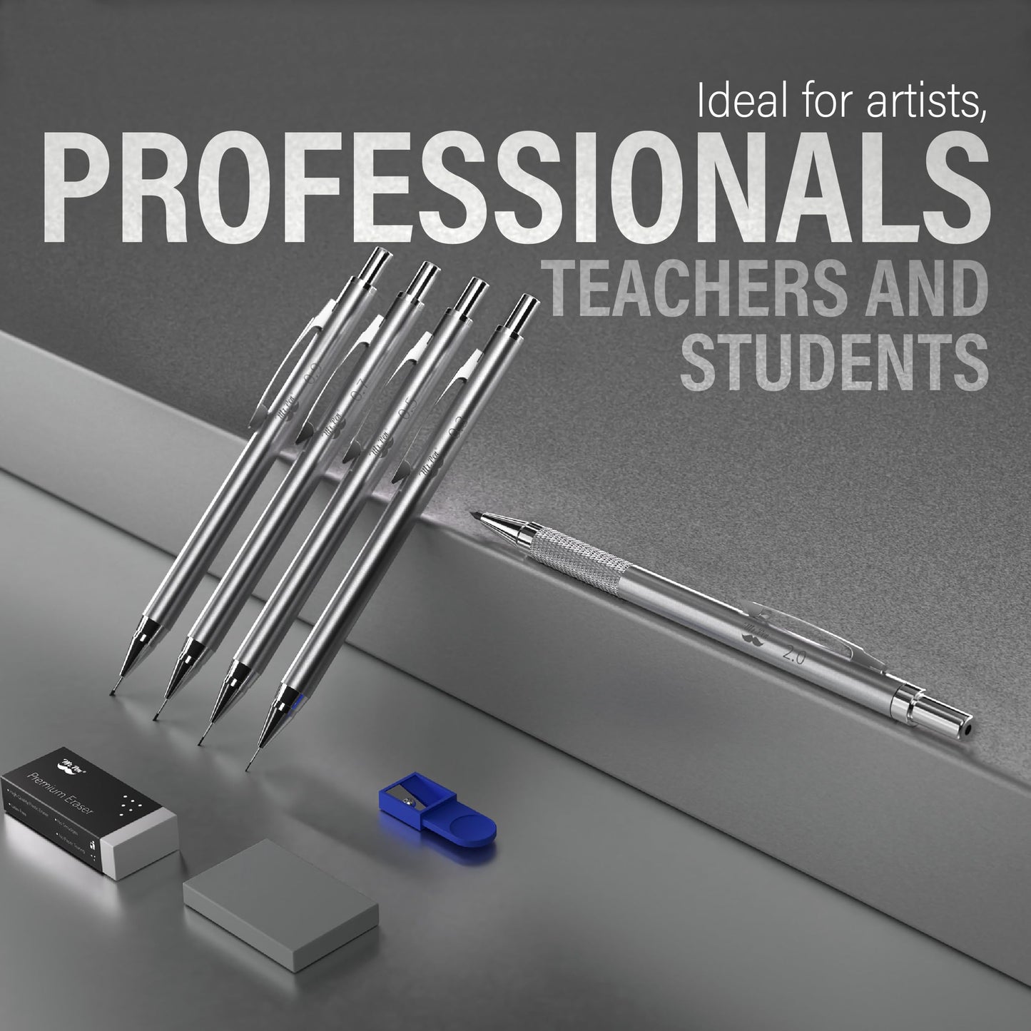 Mr. Pen- Metal Mechanical Pencil in Leather Case, 5 Pack, 5 Sizes, 0.3, 0.5