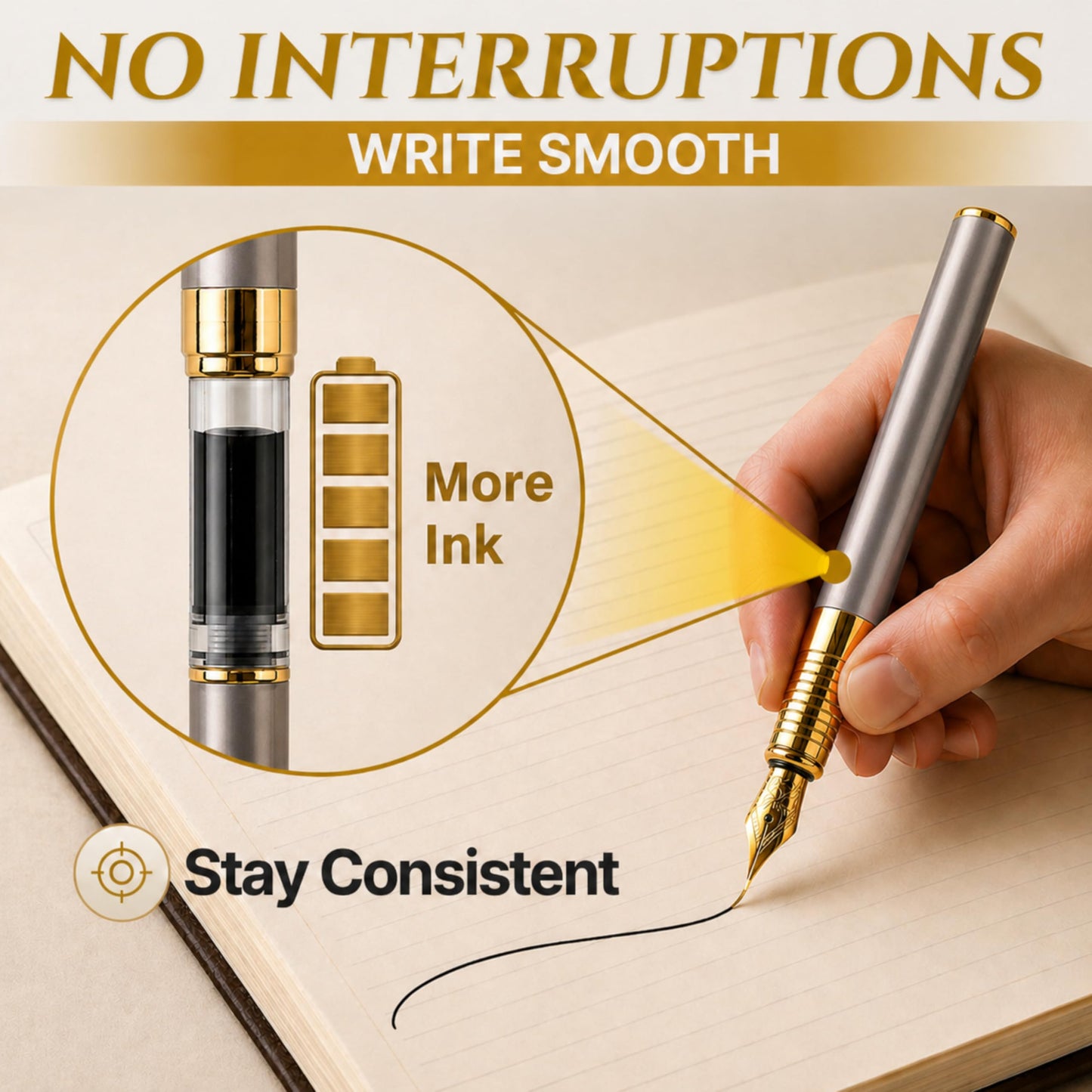 Château Avant Fountain Pen Set | Refillable Grey Fountain Pen with Black Ink Bottle, Fine Nib, and