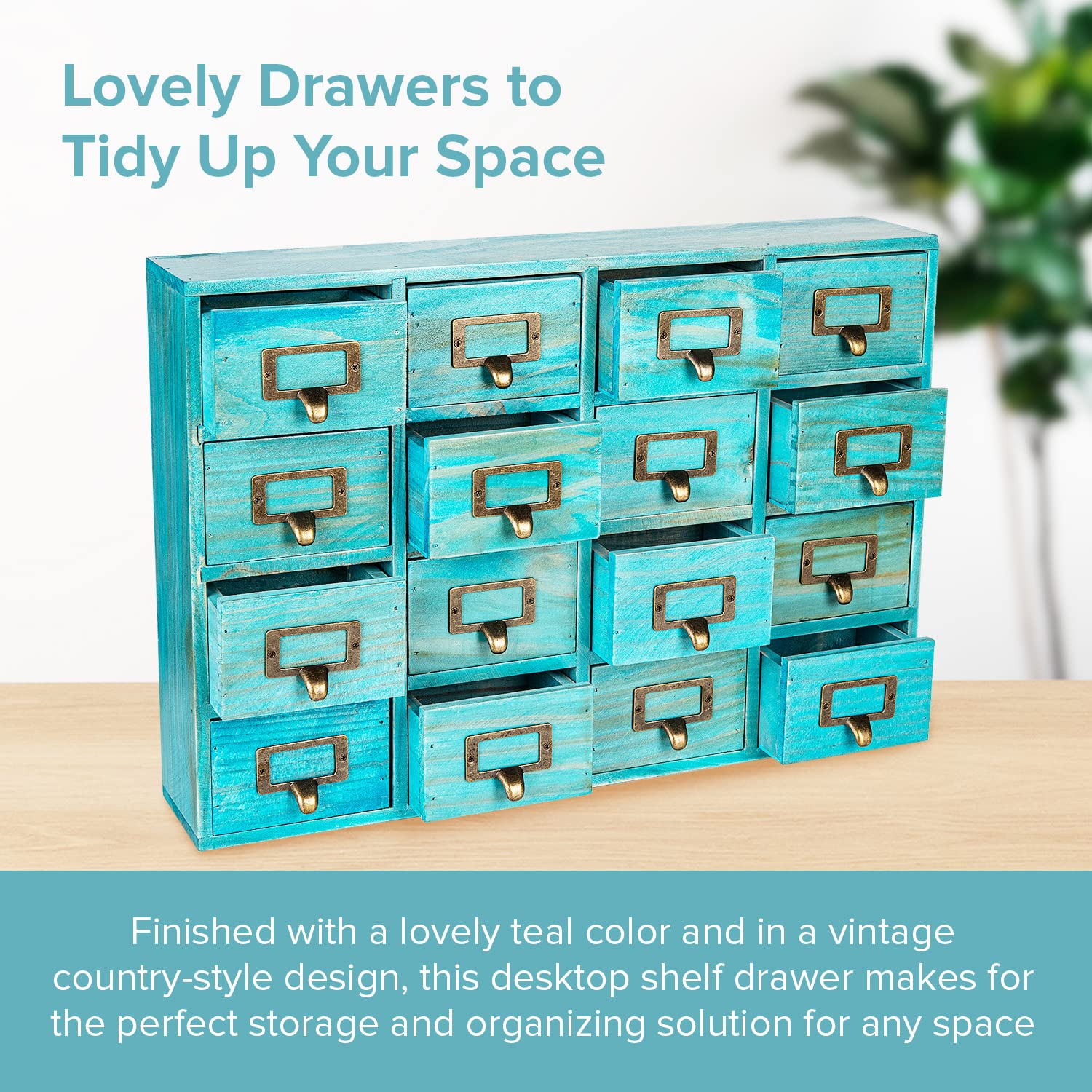 Teal 16-Slot Wooden Drawer Unit - Country Style Desk Organizer Box - 20"x3.6”x14” Wooden Storage