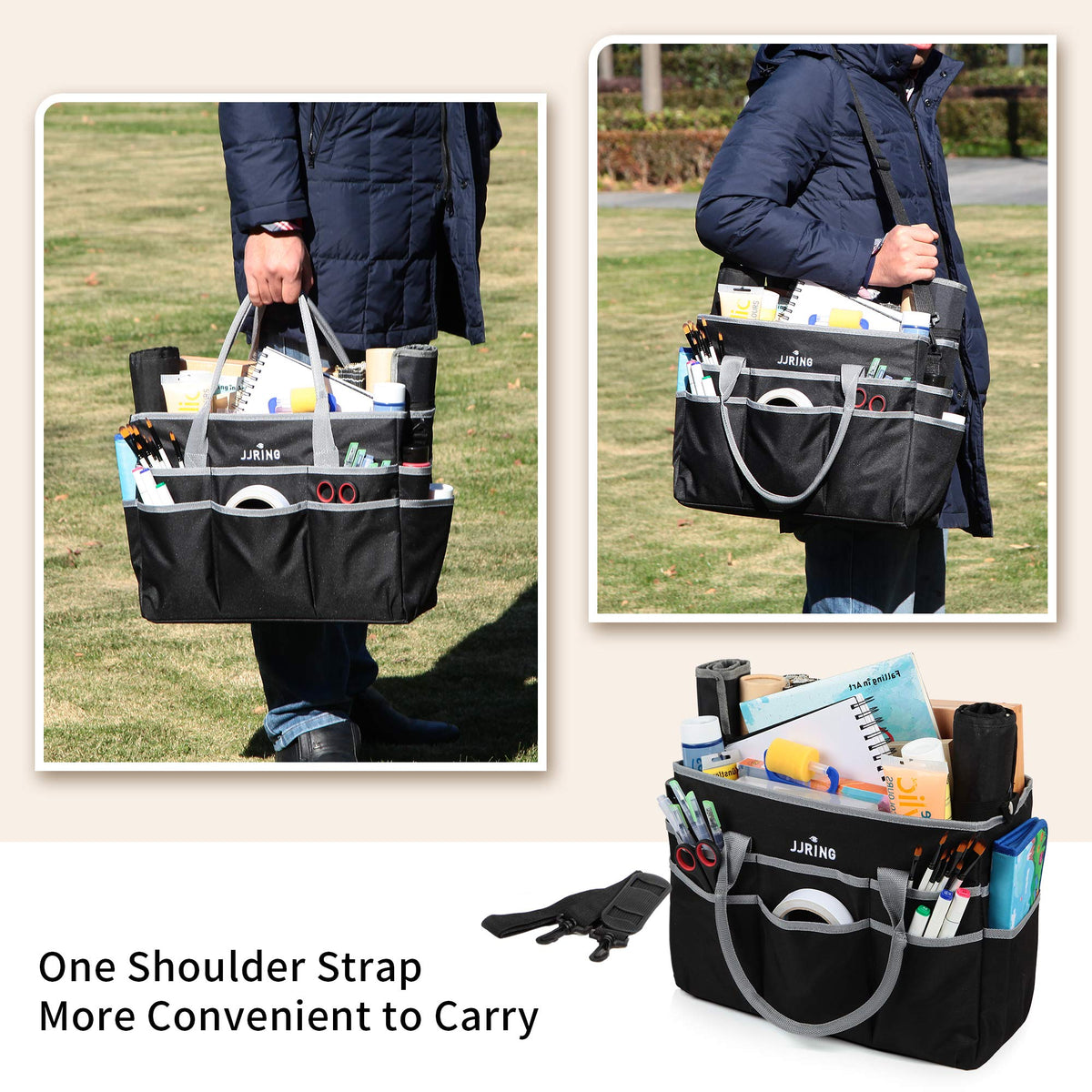 JJRING Large 600D Nylon Artist Organizer Tote Bag With 16 Pockets, Silver