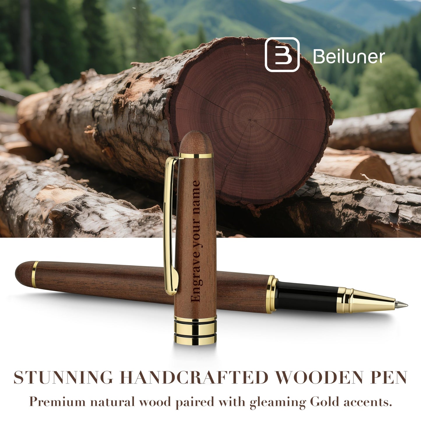 BEILUNER Personalized Wood Rollerball Pen Set,Walnut with Gold Finish