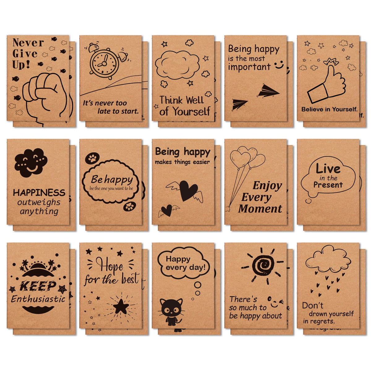 feela 30 Pack Kraft Notebooks, 15 Designs A6 Cute Mini Pocket Notebooks and Journals, Lined