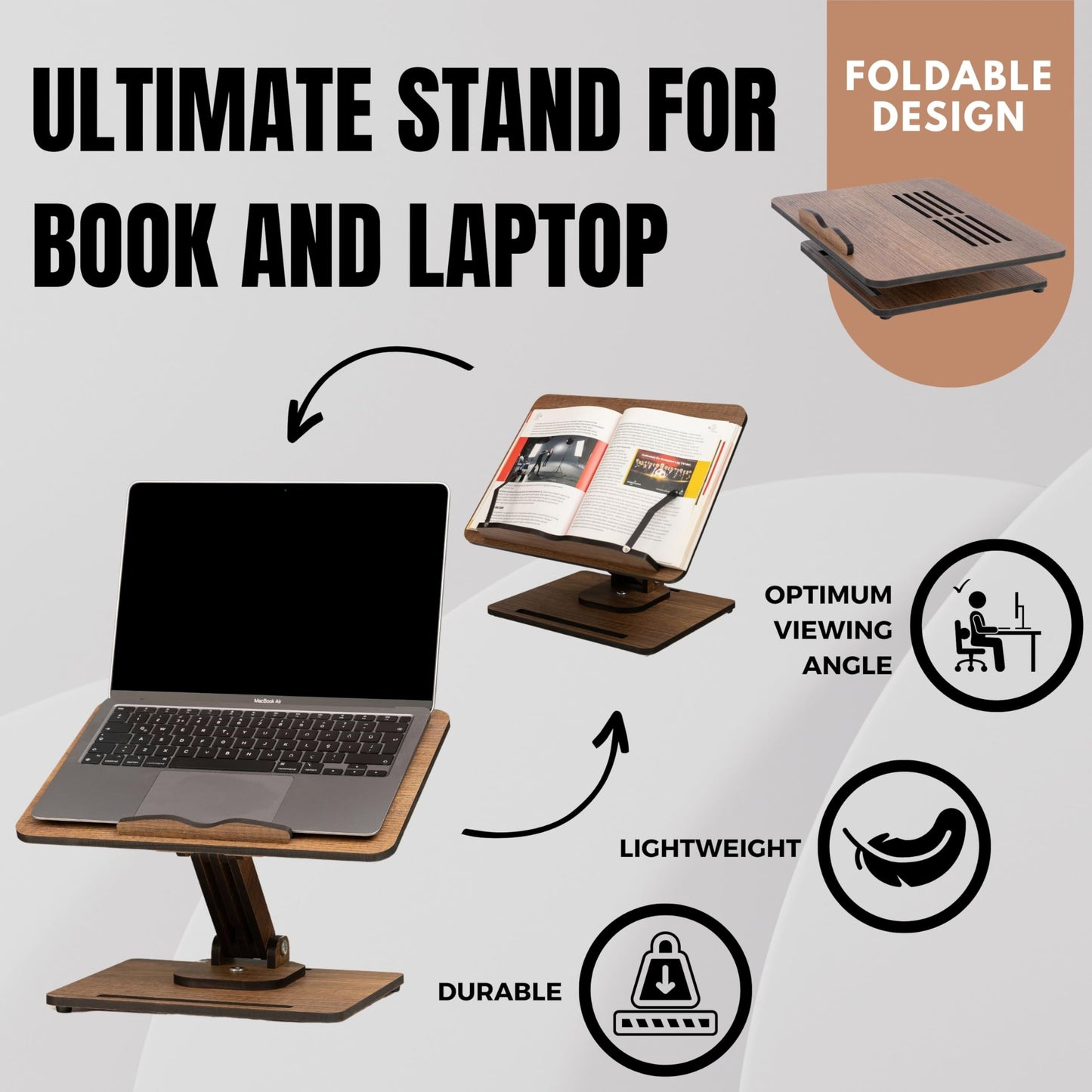 Vigo Wood 360° Rotating Book Stand, Tilt and Height Adjustable Laptop and Cookbook Holder, Foldable