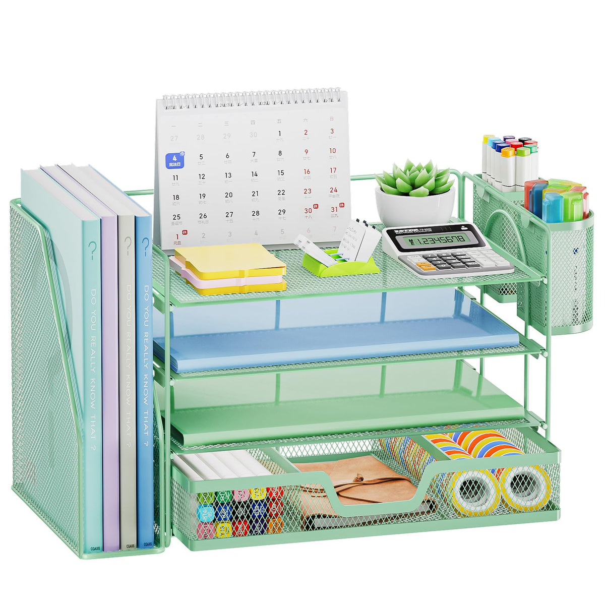 Marbrasse 4-Tier Paper Tray Organizer with Drawer and Pen Holder, Green