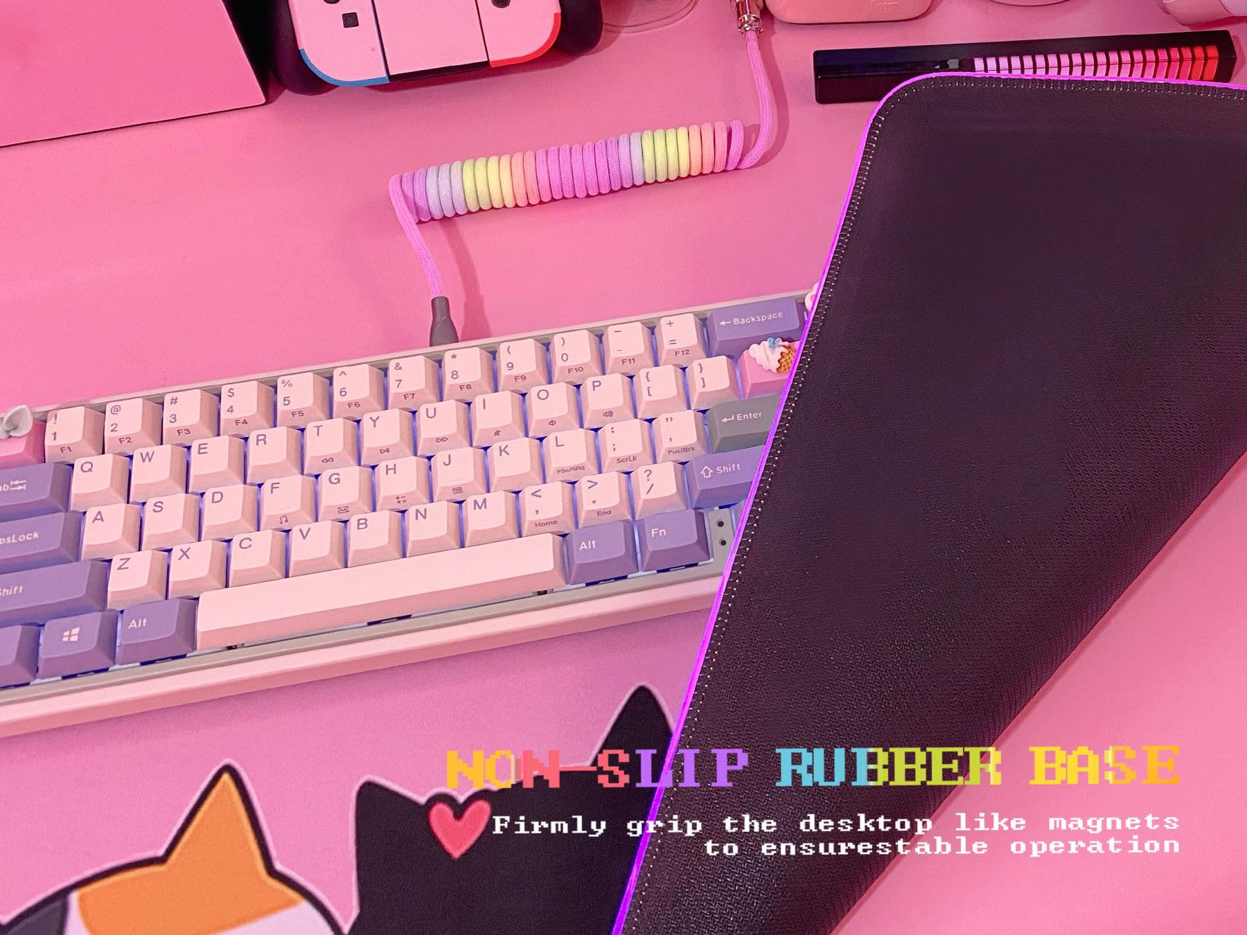 JMIYAV Pink Kawaii Cat RGB Gaming Mouse Pad 31.5x12 Inch PC XL Large Extended Glowing Led Light Up