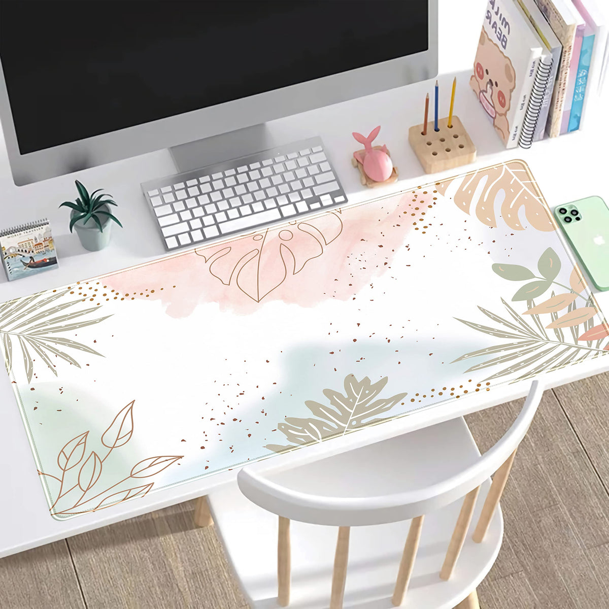 Keyboard mat Boho Pastel Painting Mousepad Matcha Green Plant Abstract Accessories Desk pad Mouse