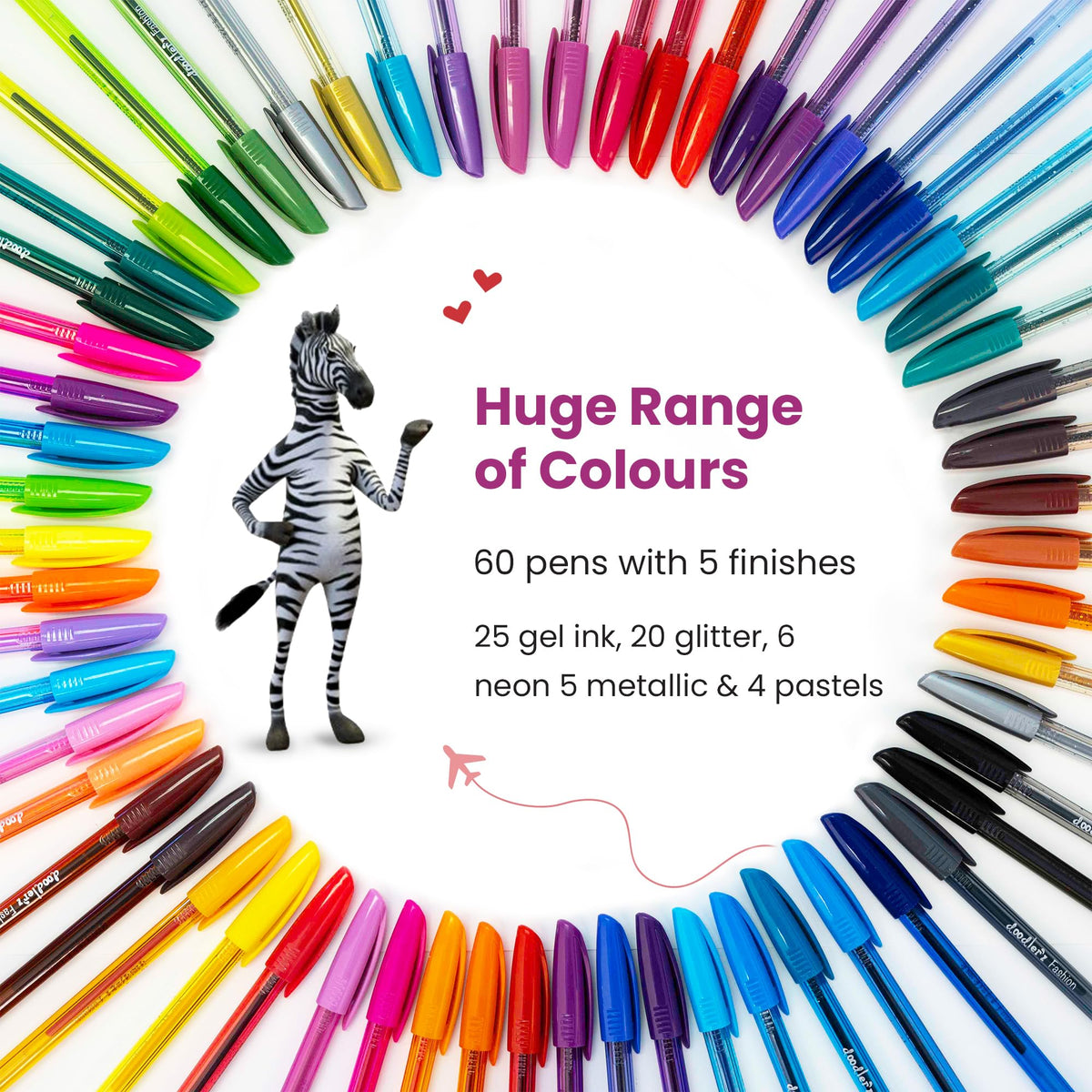 ZEBRA Doodler'z Gel Stick Pens, 1.0 mm, Fashion. Glitter, Neon and Pastel Colours. Box of 60 pens