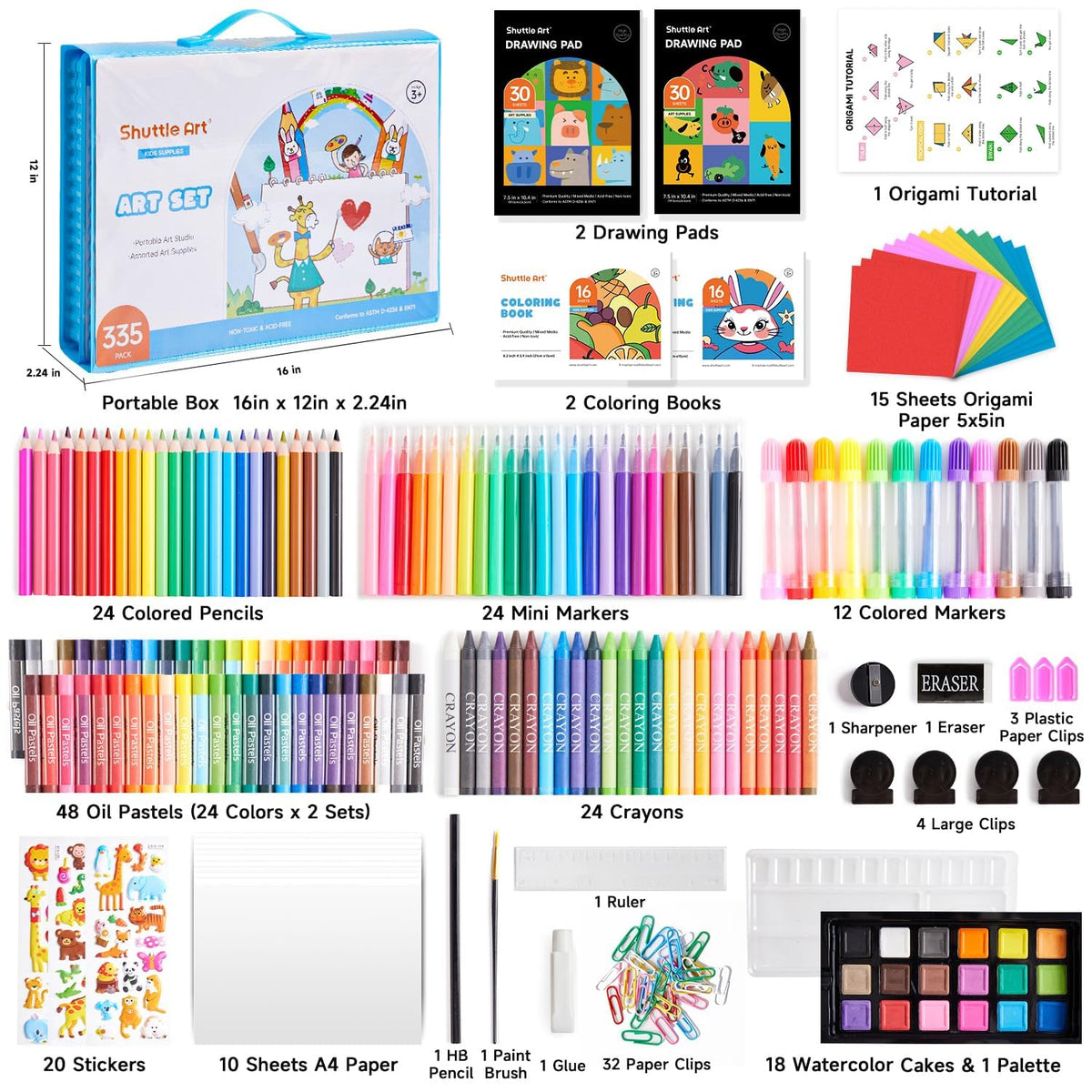 Shuttle Art 335 Piece Kids Art Set, Multi-Media Art Supplies, Gift Art Kit with Trifold Easel, 2